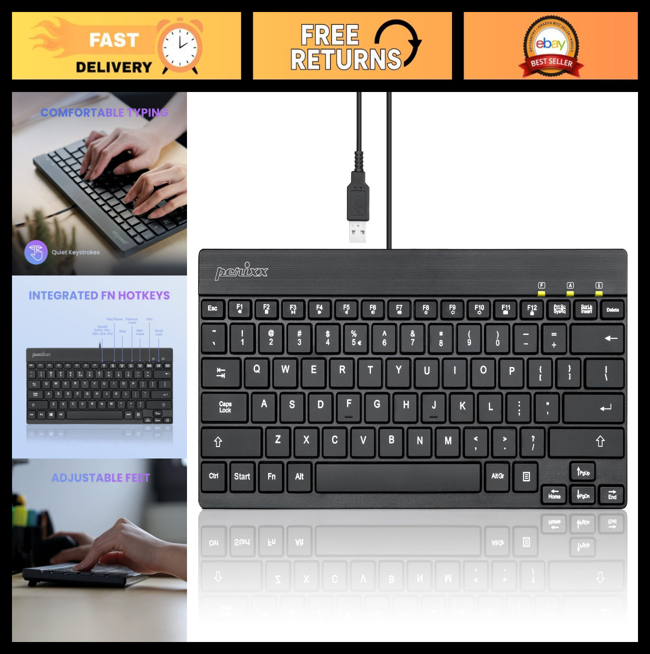 Wired Mini Backlit USB Keyboard, Low Profile Keys, US English Layout, Compact De