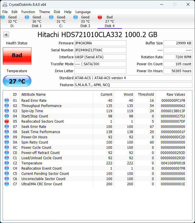 FOR PARTS Hitachi HDS721010CLA332 1TB 3.5" 7200 RPM HDD -Bad Sectors (BAD 1TB-1)