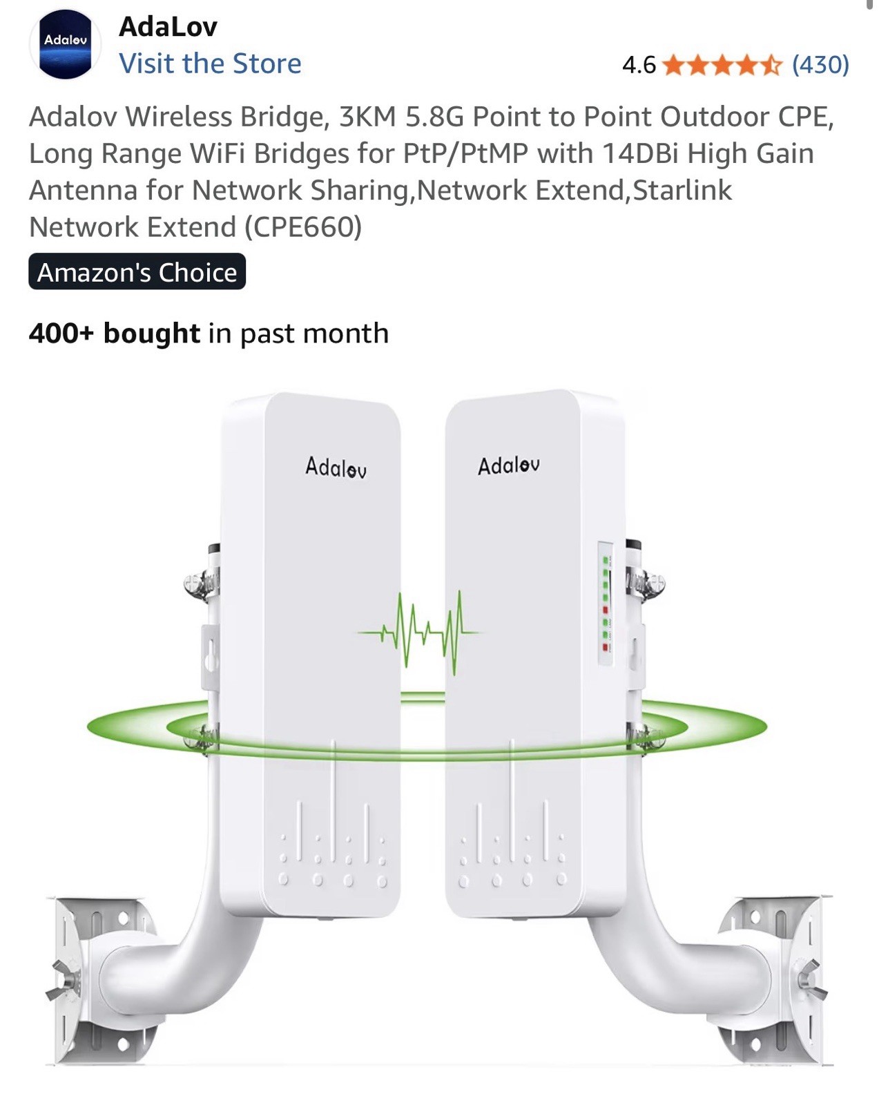 Adalov Wireless Bridge, 3KM 5.8G Point to Point Outdoor CPE