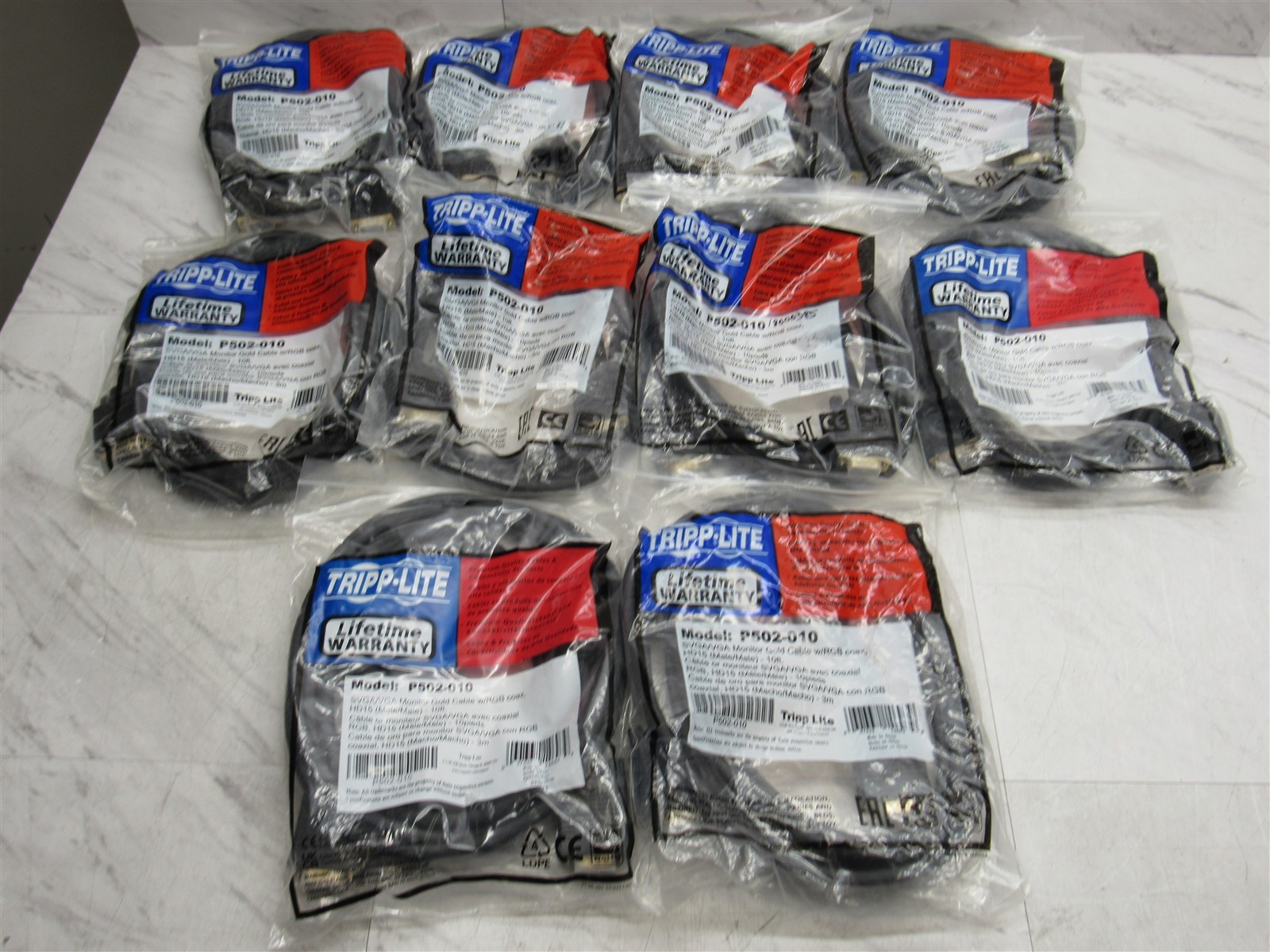 10 LOT NEW Tripp Lite P502-010 SVGA/VGA Monitor Gold 10ft Cable w/RGB Coax HD15