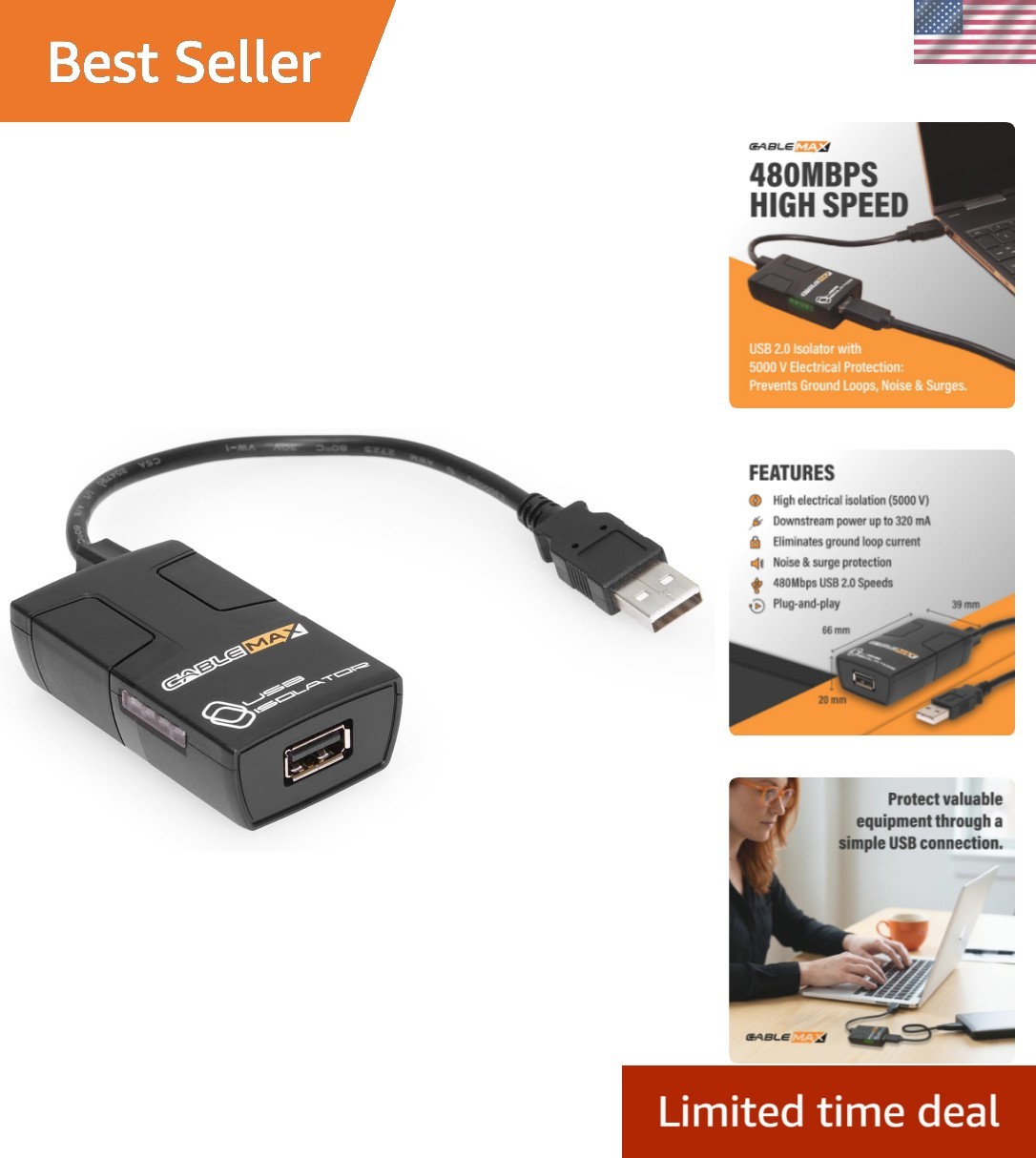 2.0 USB Isolator - High-Speed 480Mbps Data Transfer, 5000V Galvanic Isolation...