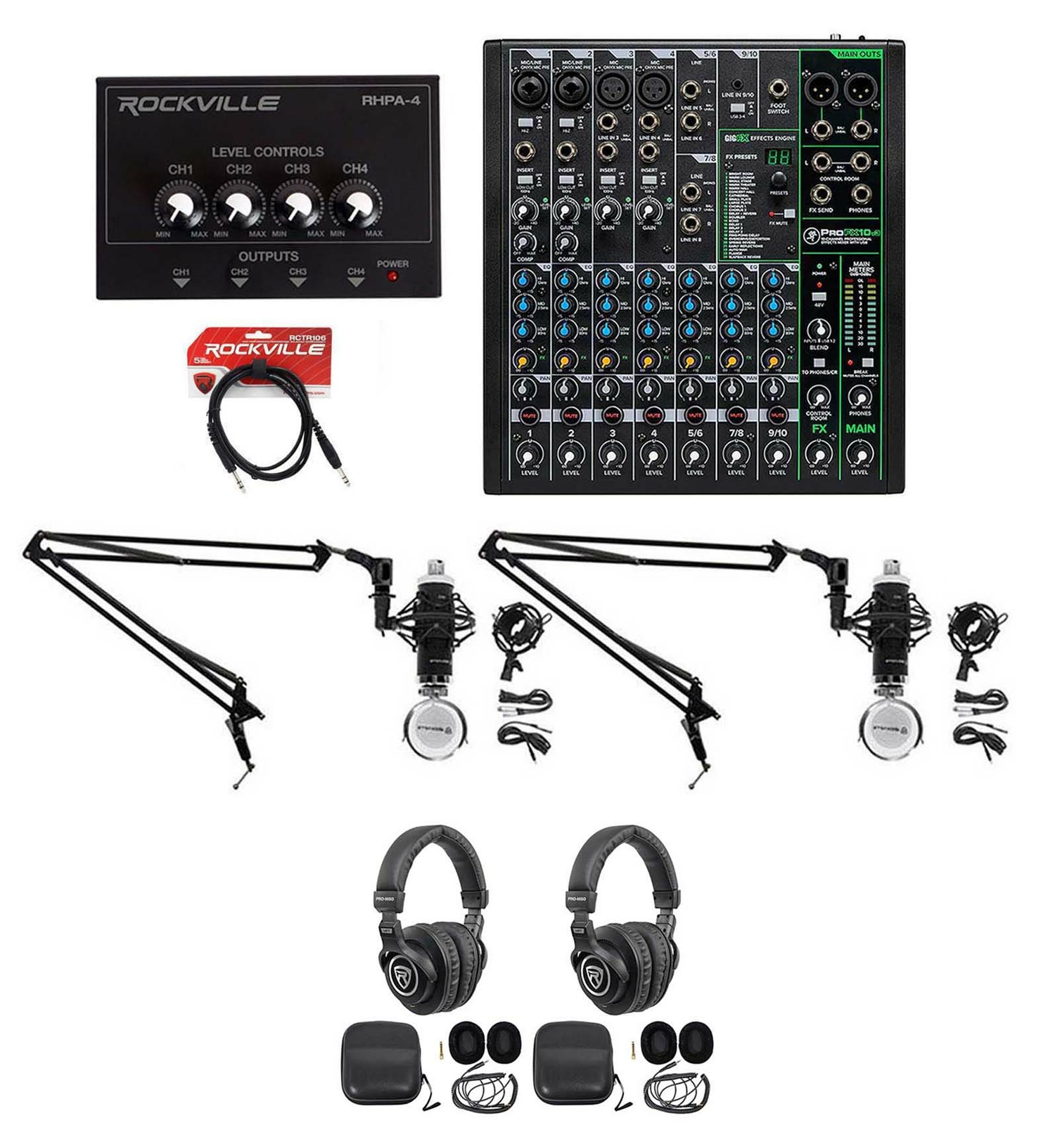 2-Person Podcast Podcasting Recording Kit w/Mackie ProFX10 v3 Mixer+Boom Arms