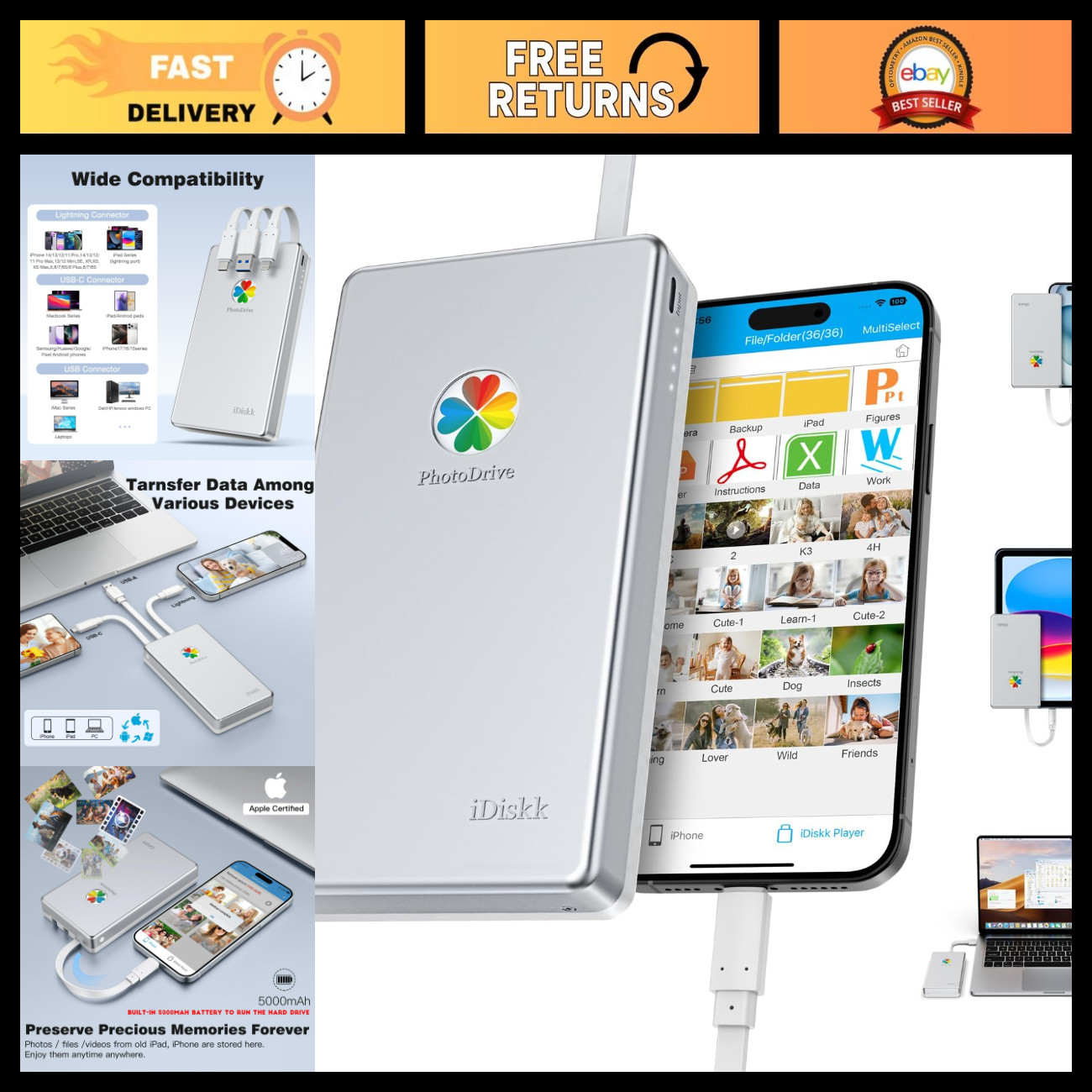 500GB External Hard Drive for iPhone & Android - Lightning Fast, Portable Storag