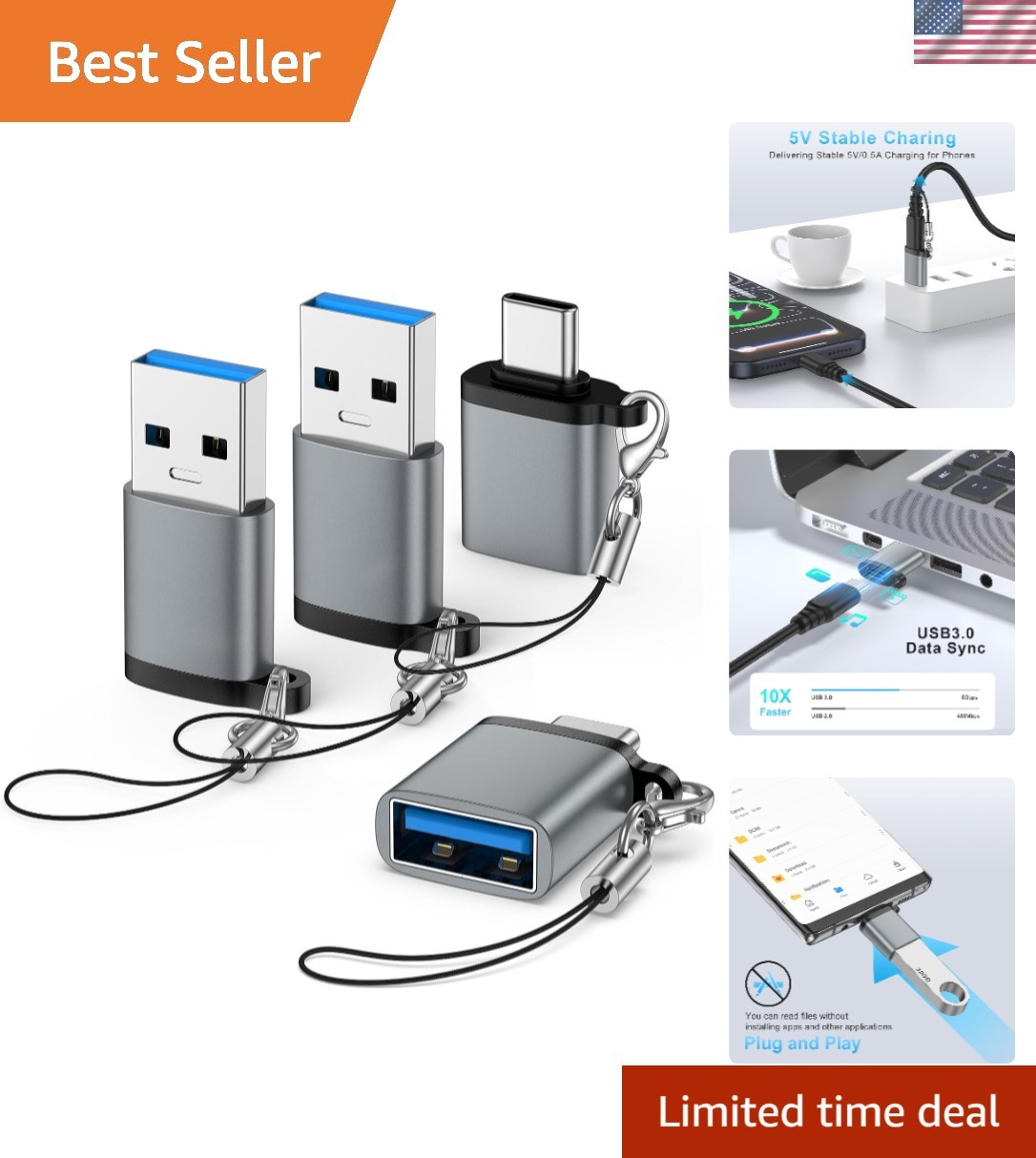 Sleek USB to USB-C Adapter 4-Pack - SuperSpeed Data Transfer for All Devices
