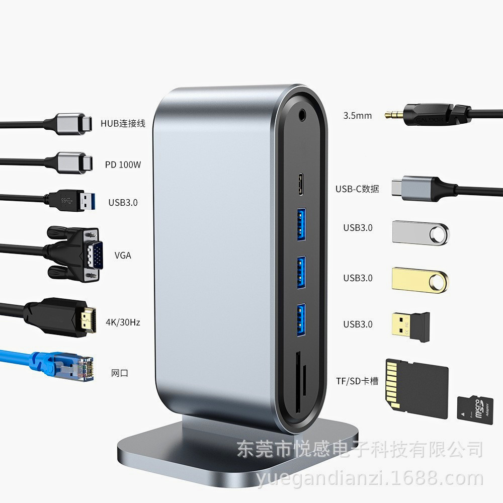 USB-C Hub Adapter HDMI VGA RJ45 3x USB 3.0 Card Reader Silver/Black