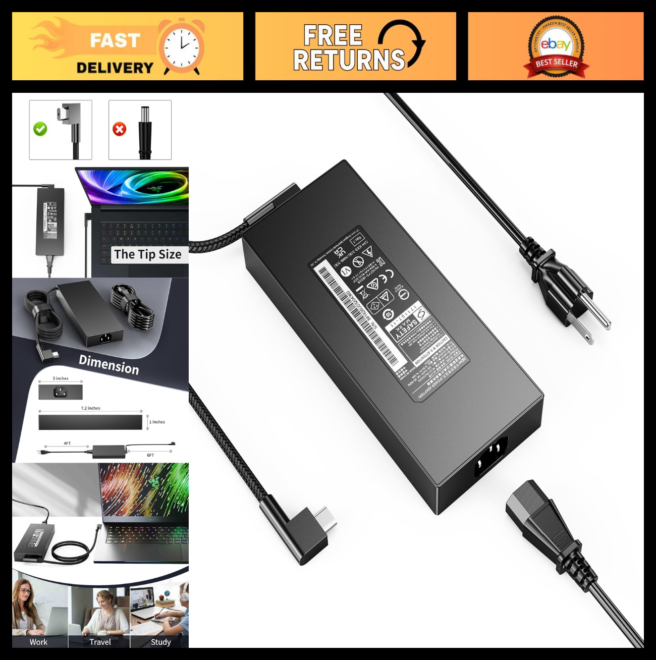 280W GaN Charger 19.5V 14.36A for Razer Blade 16/18 RTX 4070/4080/4090, Power Ad
