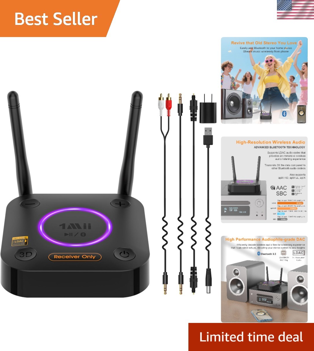 1Mii B06Ultra Bluetooth 5.3 Receiver with LDAC for Hi-Res Wireless Audio, HiFi B