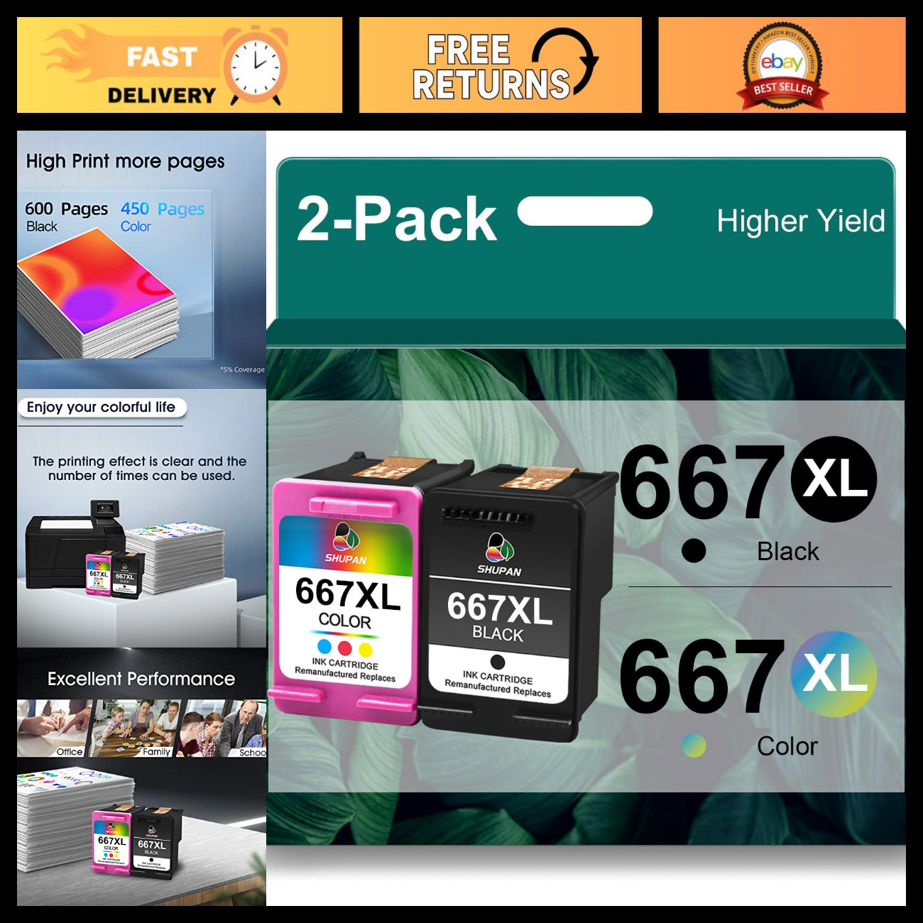 High-Capacity 667XL Ink Cartridge Combo Pack - Black & Color Replacement for Pri