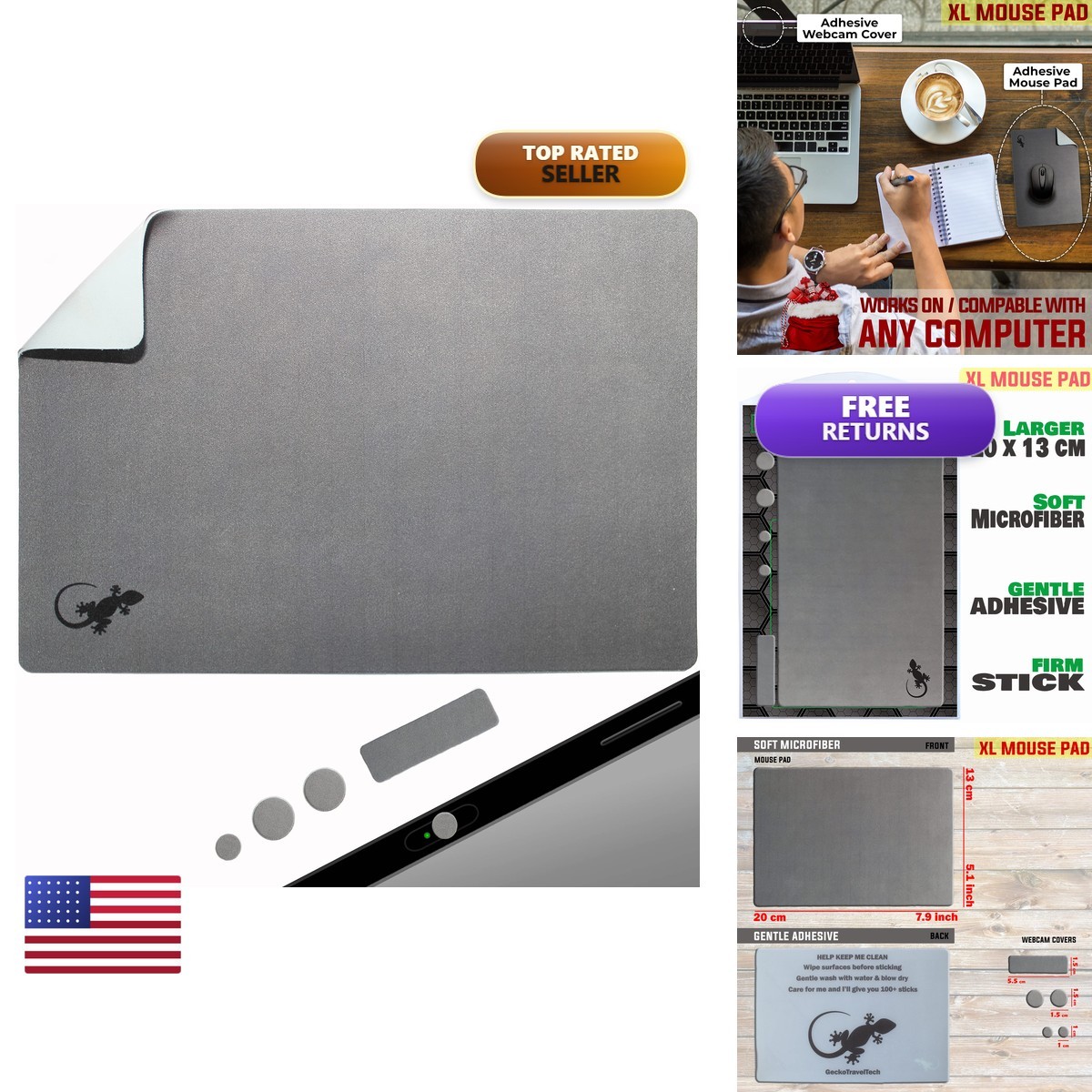 Travel Stick on Mouse Pad Adhesive Bottom Peel Sticks to Any Surface XL Gray