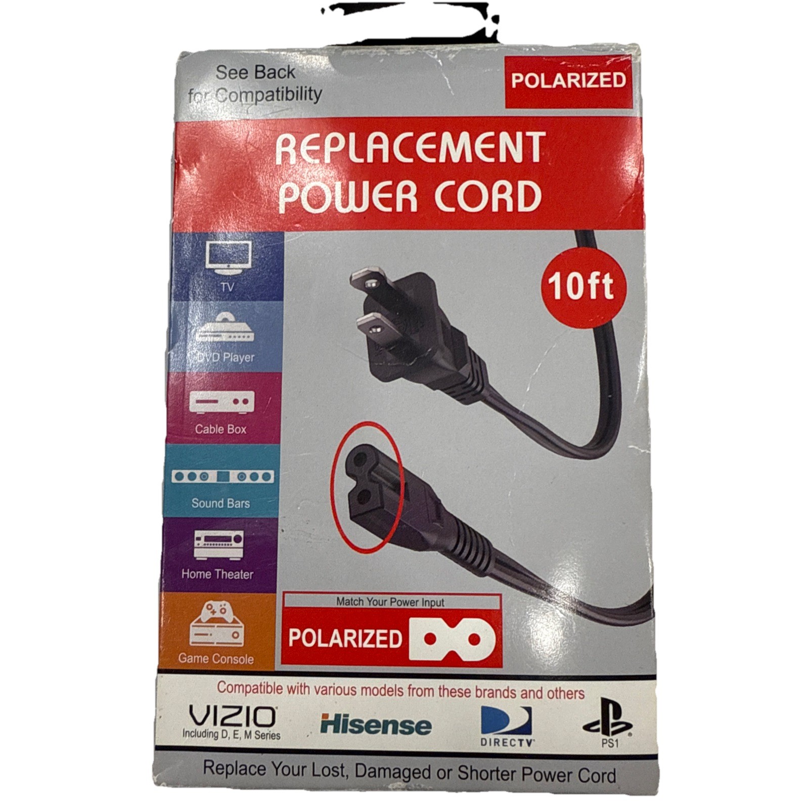 Xtreme Cables 10 Foot Polarized Replacement Power Cord Vizio Hisense PS1 Comcast
