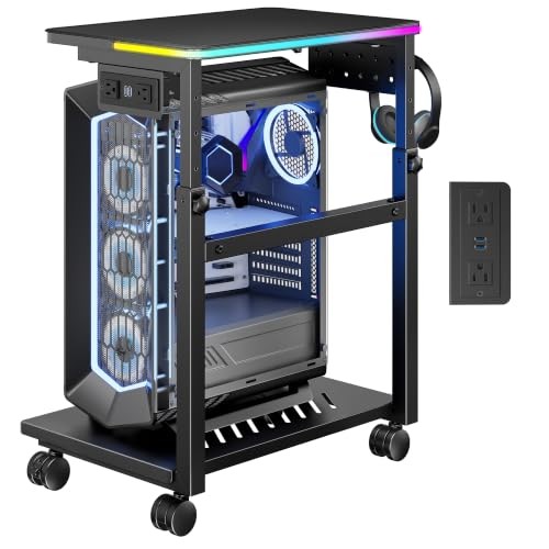 RGB Adjustable Computer Tower Stand, USB Lock Casters Mobile CPU Cart