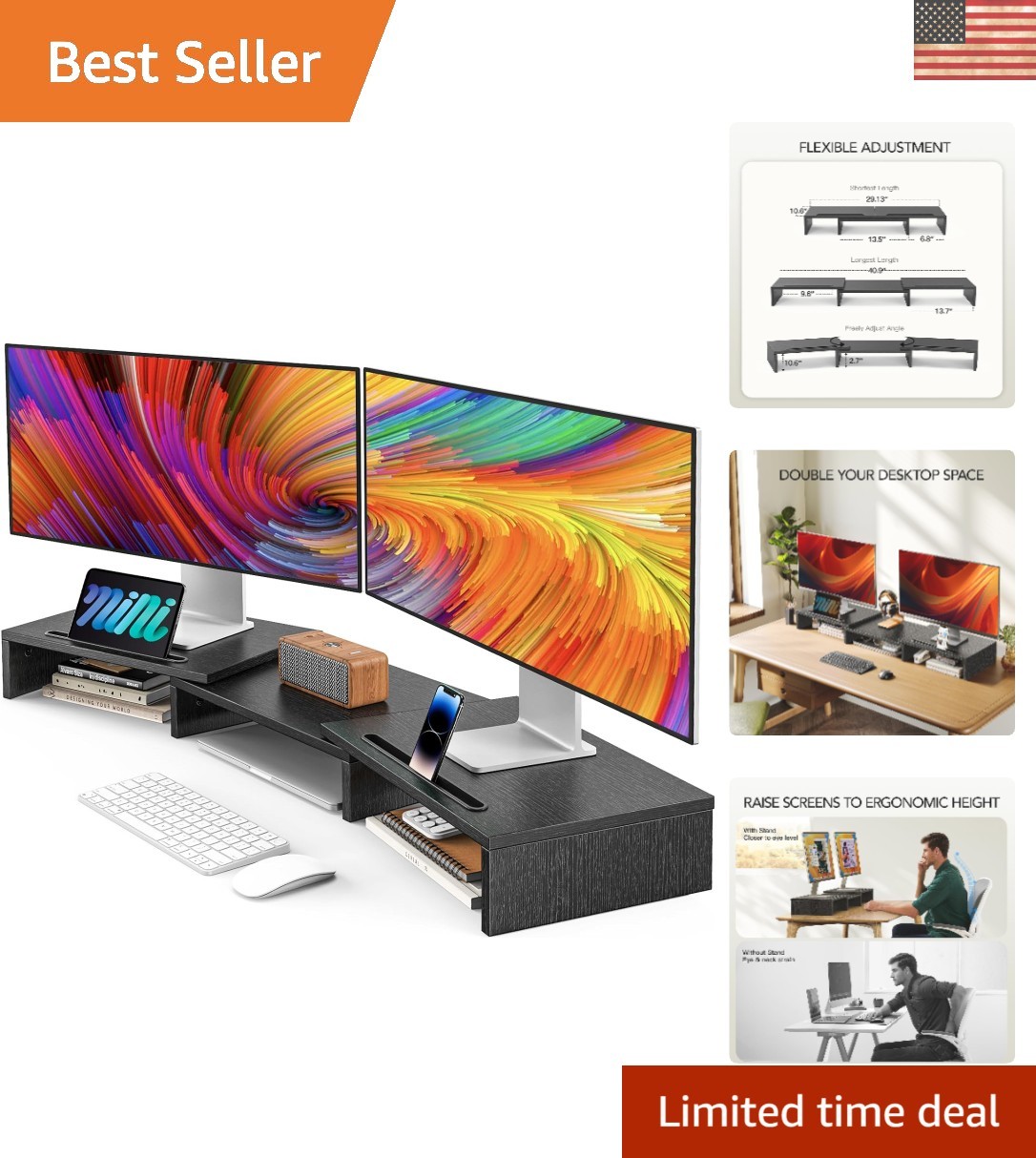 Multifunctional Adjustable Dual Monitor Stand Riser - Black Desktop Organizer