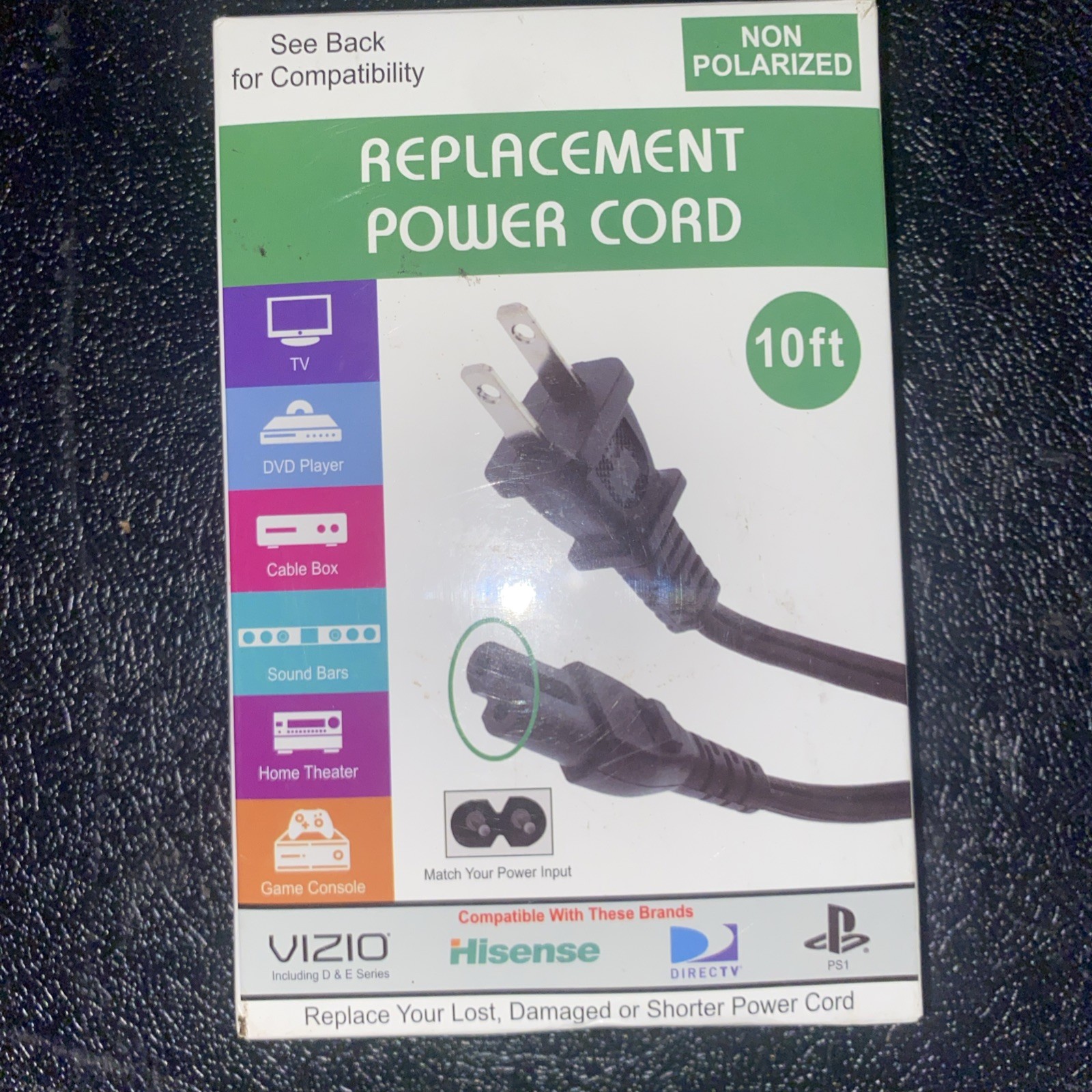 Replacement Power Cord 10ft Non-Polarized