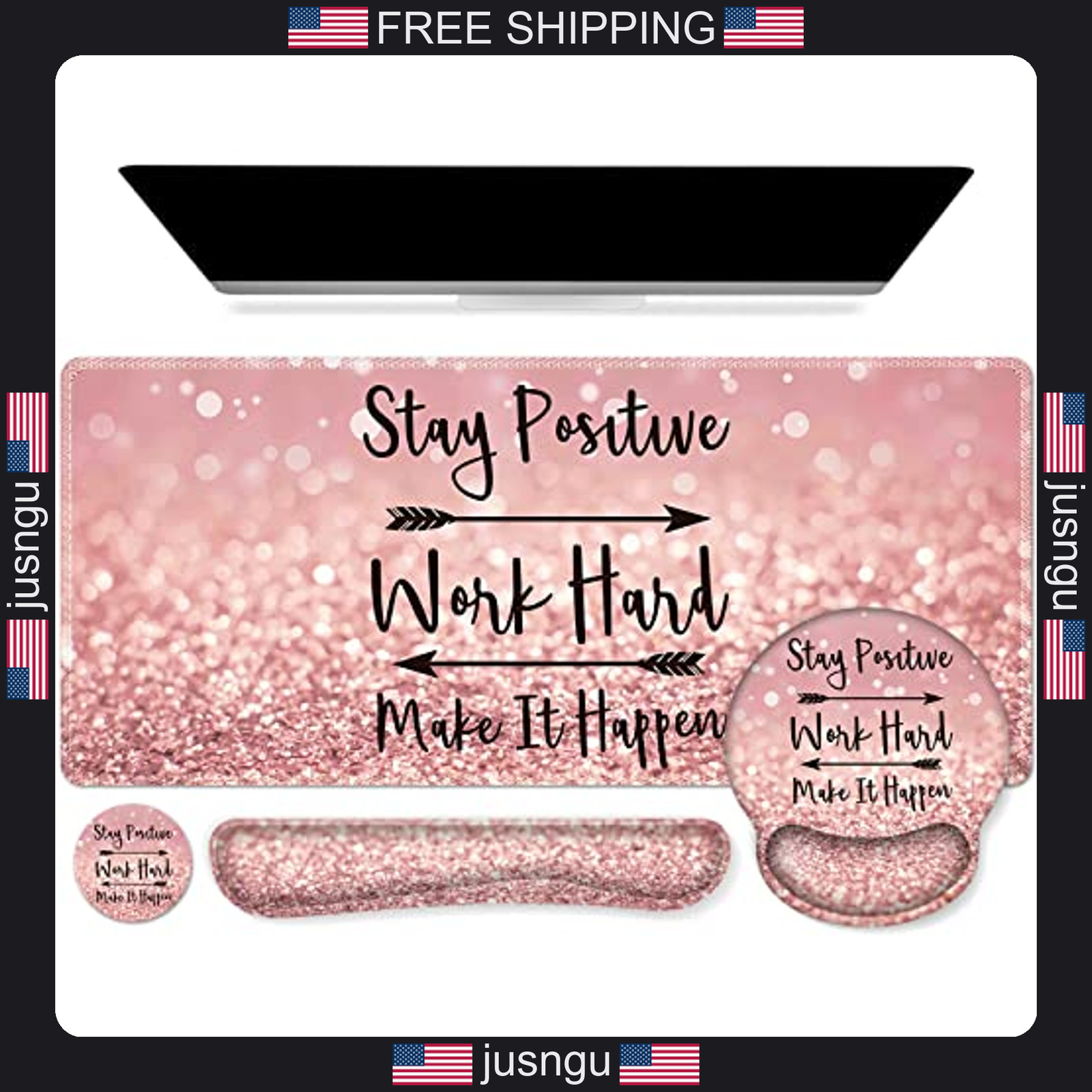 Pink Glitter Desk Mat Set with Wrist Rests and Coaster for Office and Study