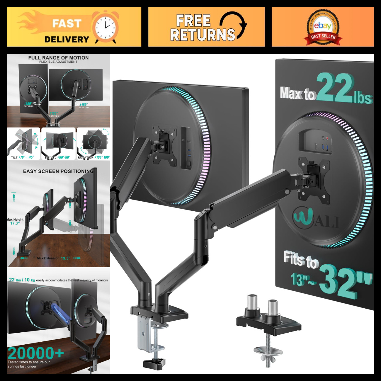 Adjustable Dual Monitor Arm for 13-32" Screens, Holds 22 lbs Each, Ergonomic Des