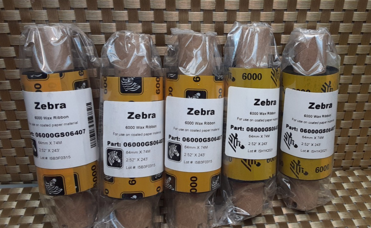Zebra 6000 Wax Ribbons Black 64mm x 74M/2.52 x 2.43' 06000GS06407 (Lot of 5)