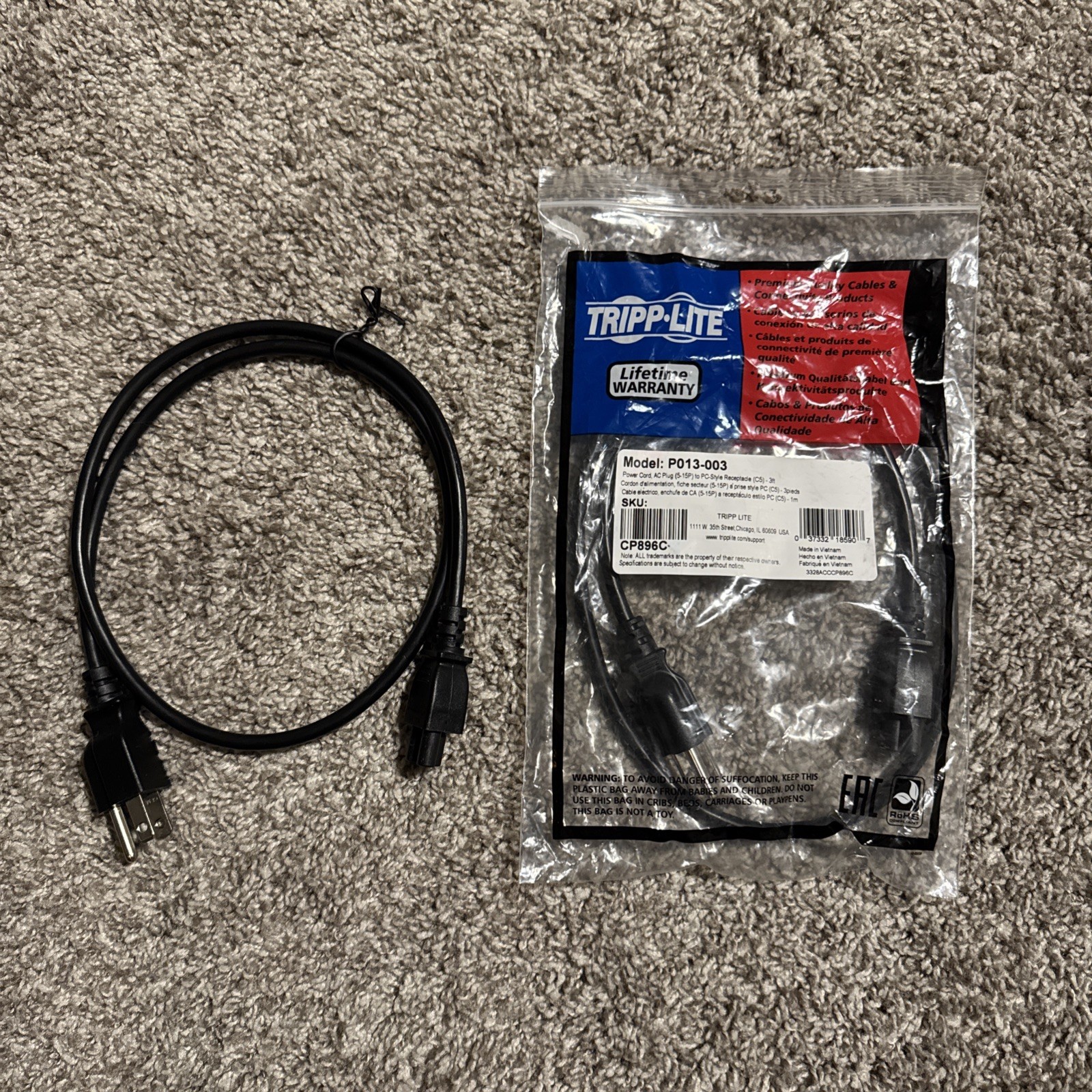 2x Tripp Lite Model P013-003 3ft Power Cord 10A 