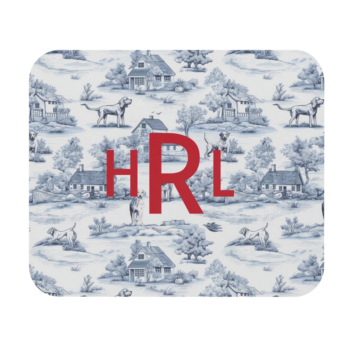 Farmhouse Dogs Blue French Toile Print Mouse Pad Personalized or Monogram 