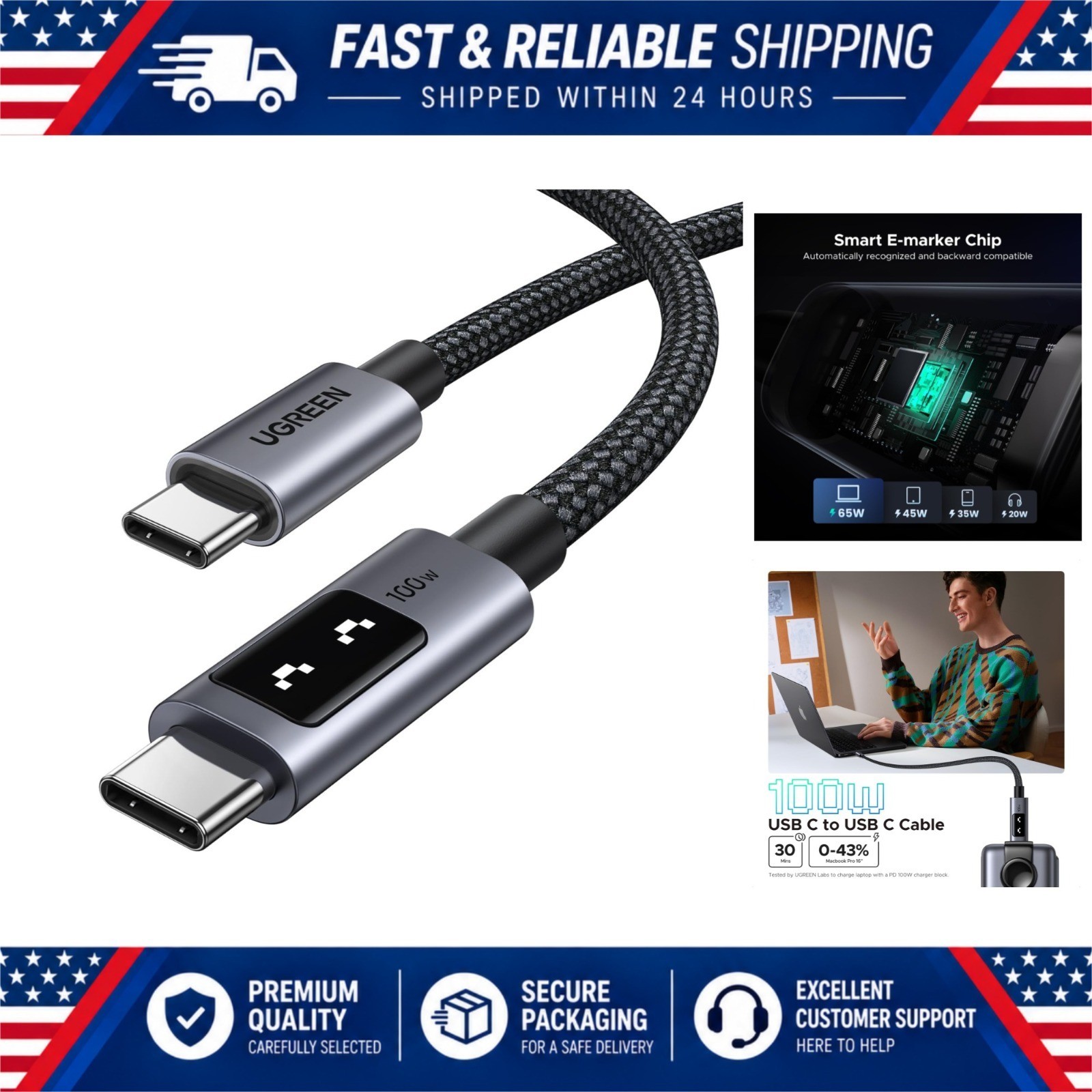 UGREEN USB C Cable 100W LED Display Fast Charging 6.6ft Nylon Braided Black