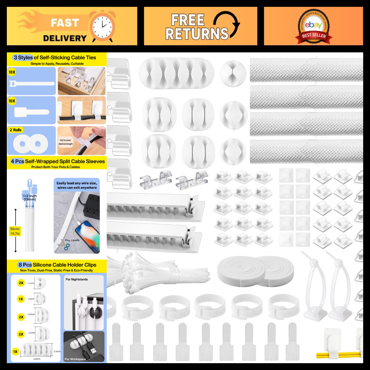 313Pcs Cable Management Kit - Reusable Cord Organizer for Desk, White, Tidy Cabl