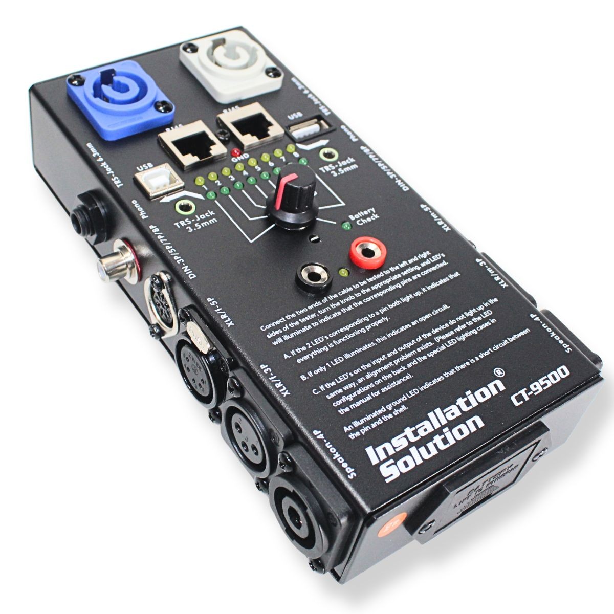 CT-9500 Universal Cable Tester for XLR, TRS, RCA, RJ45, USB, and SpeakON Cables