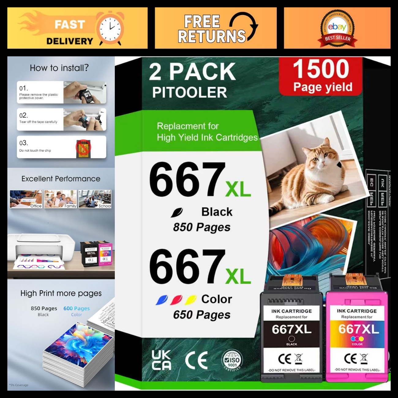 High-Capacity 667XL Ink Cartridge Combo Pack - Black & Color Replacement Cartrid