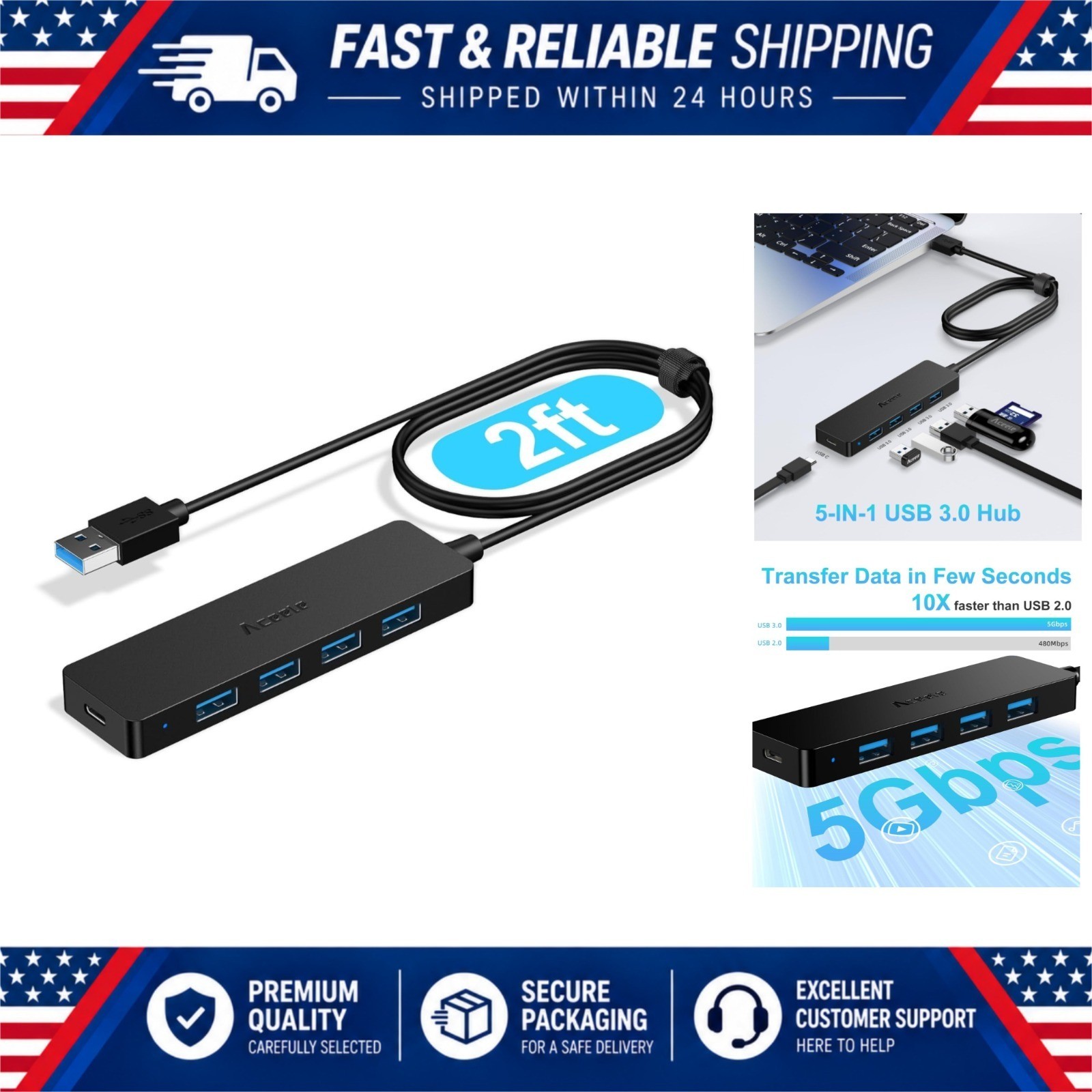 Aceele 4-Port USB 3.0 Hub Ultra-Slim 2ft Cable Data Hub for MacBook PC