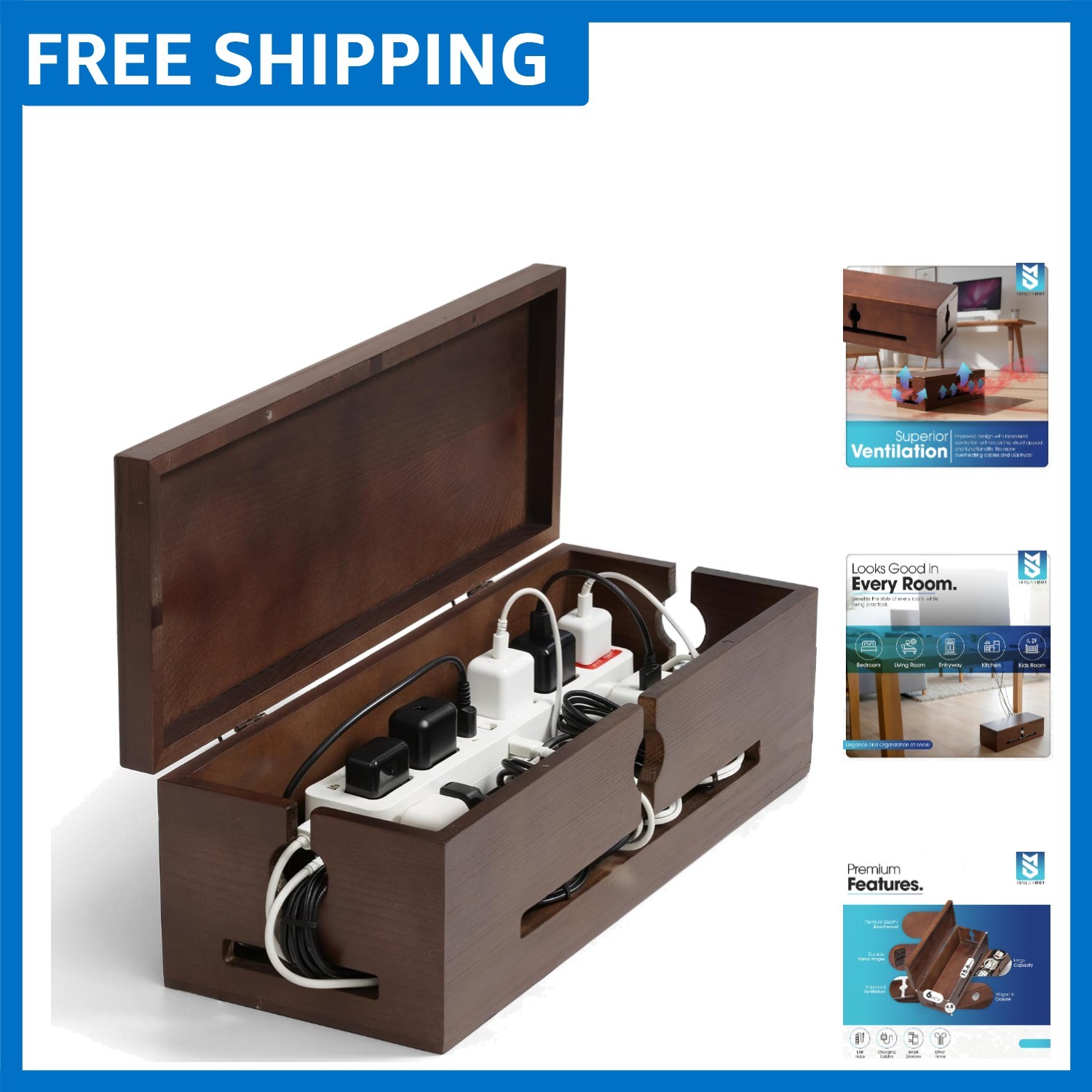 Solid Wood Cable Management Box - Large Wire Organizer for Home & Office