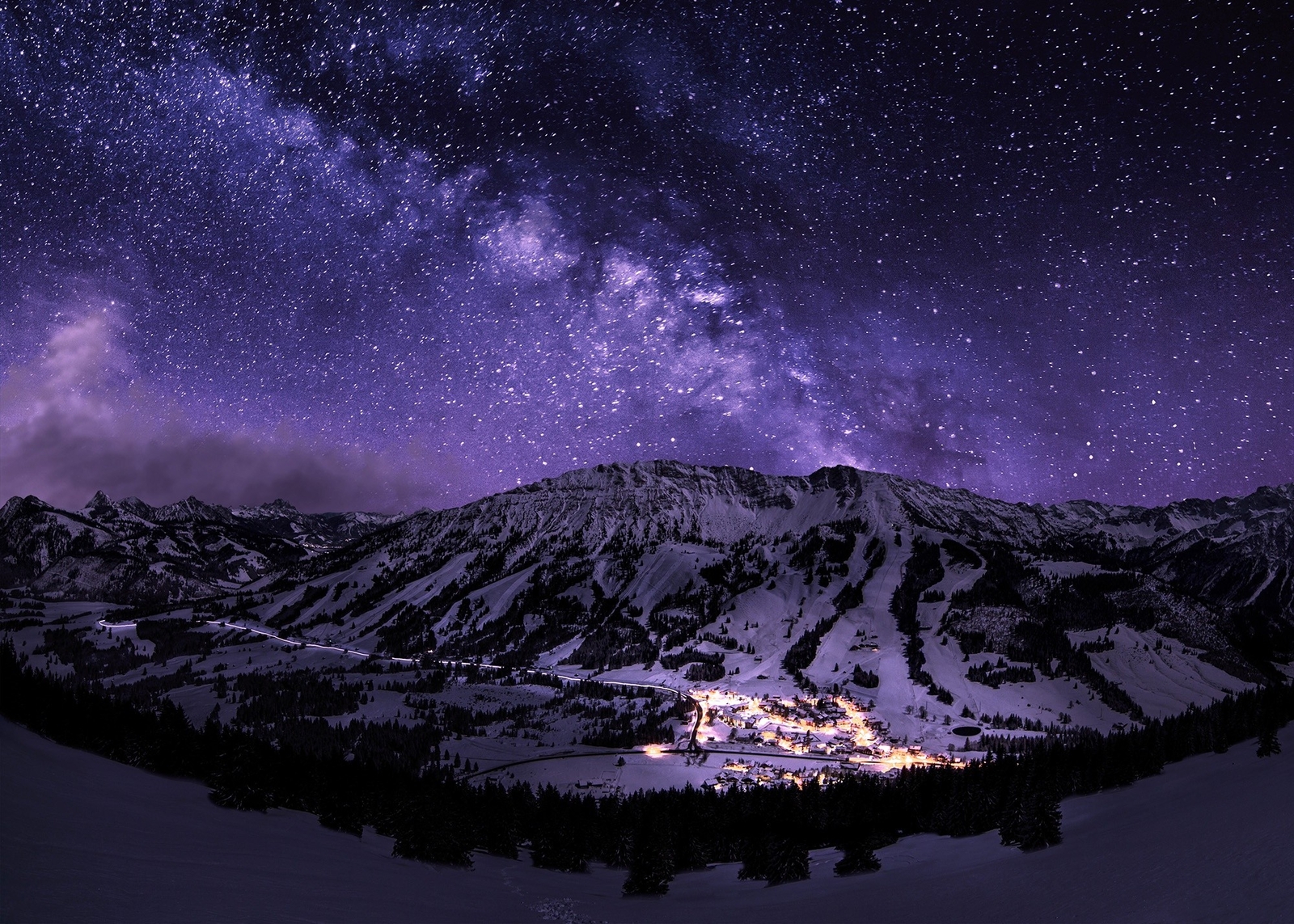 Landscape night starry mountains snow long exposure town Custom Gaming Mat Desk
