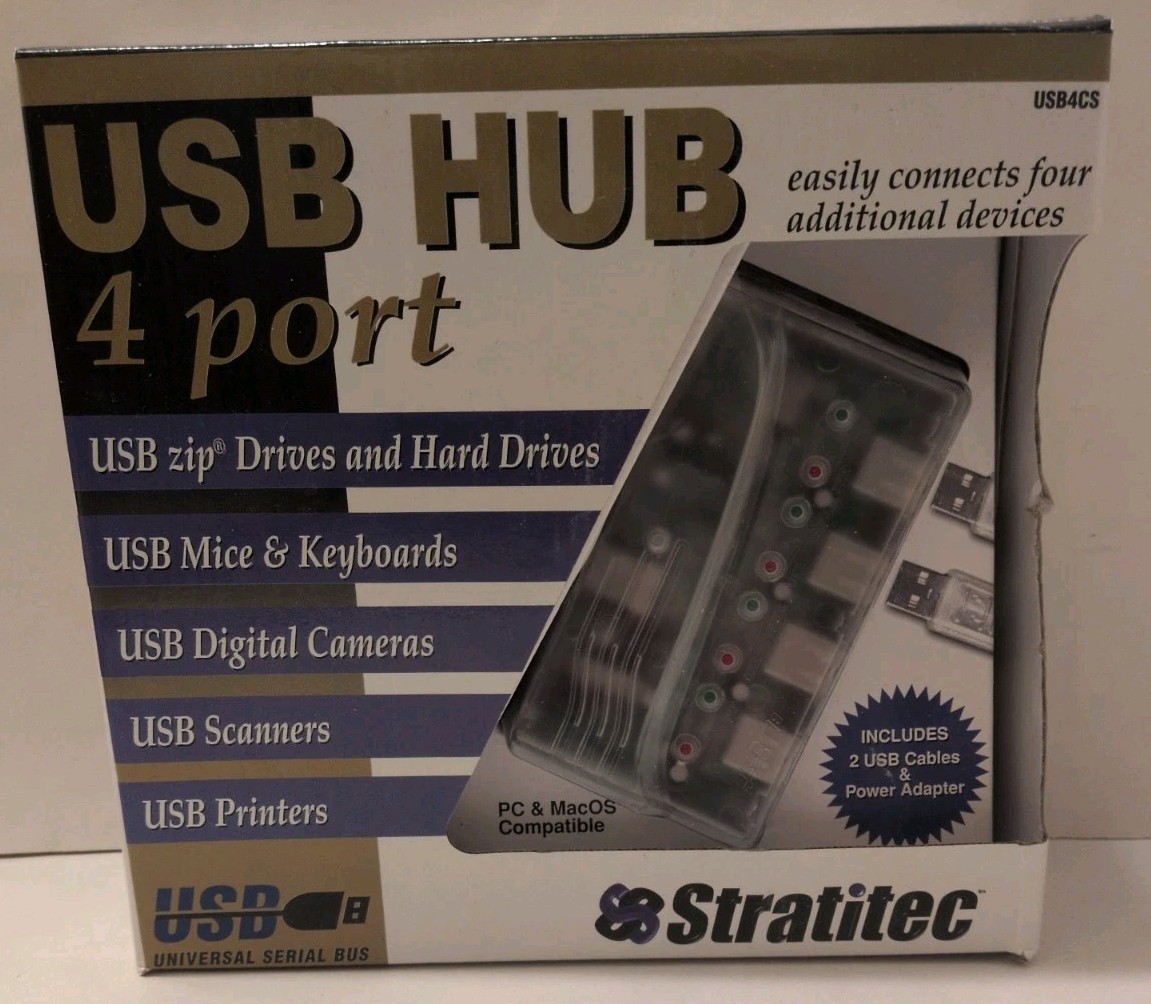 NOS Stratitec USB HUB, 4 Port, USB4CS, PC & MAC Compatible, w/USB Cables & Power