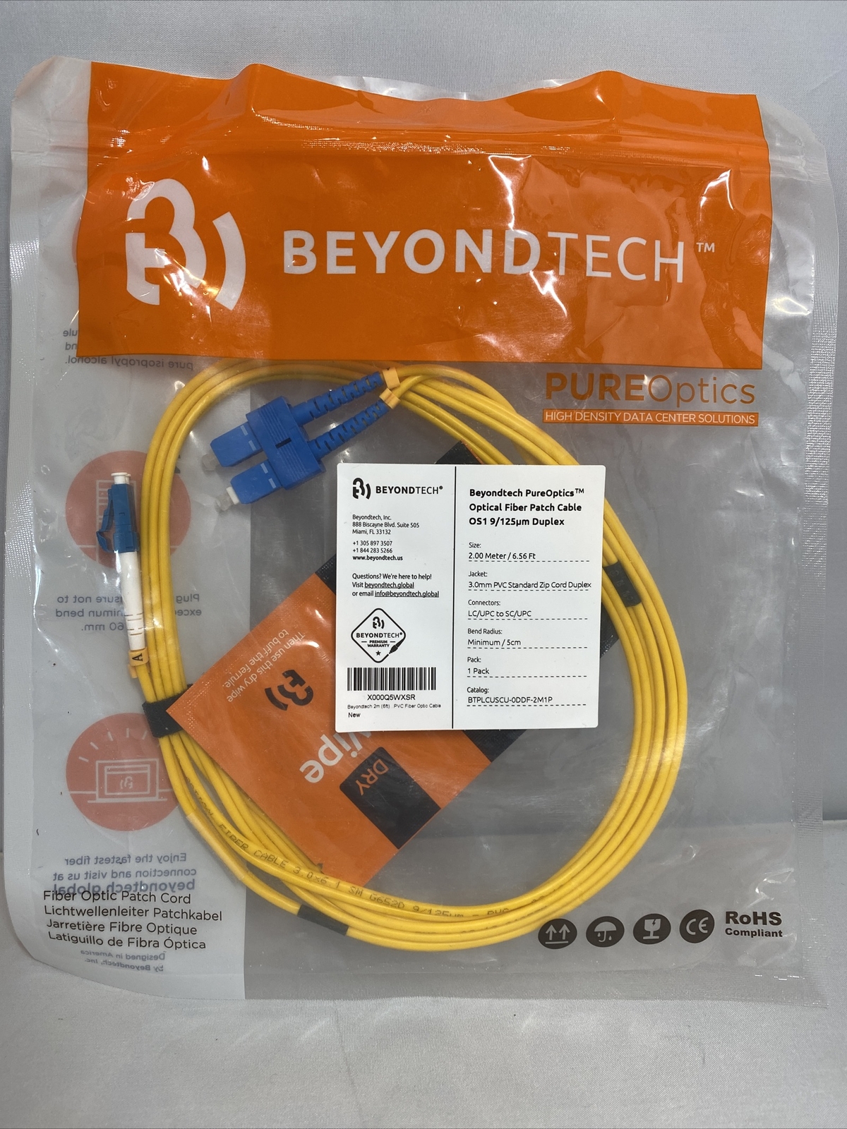 Beyondtech Pureoptics Optical Fiber Patch Cable OS1 9/125um Duplex 2m