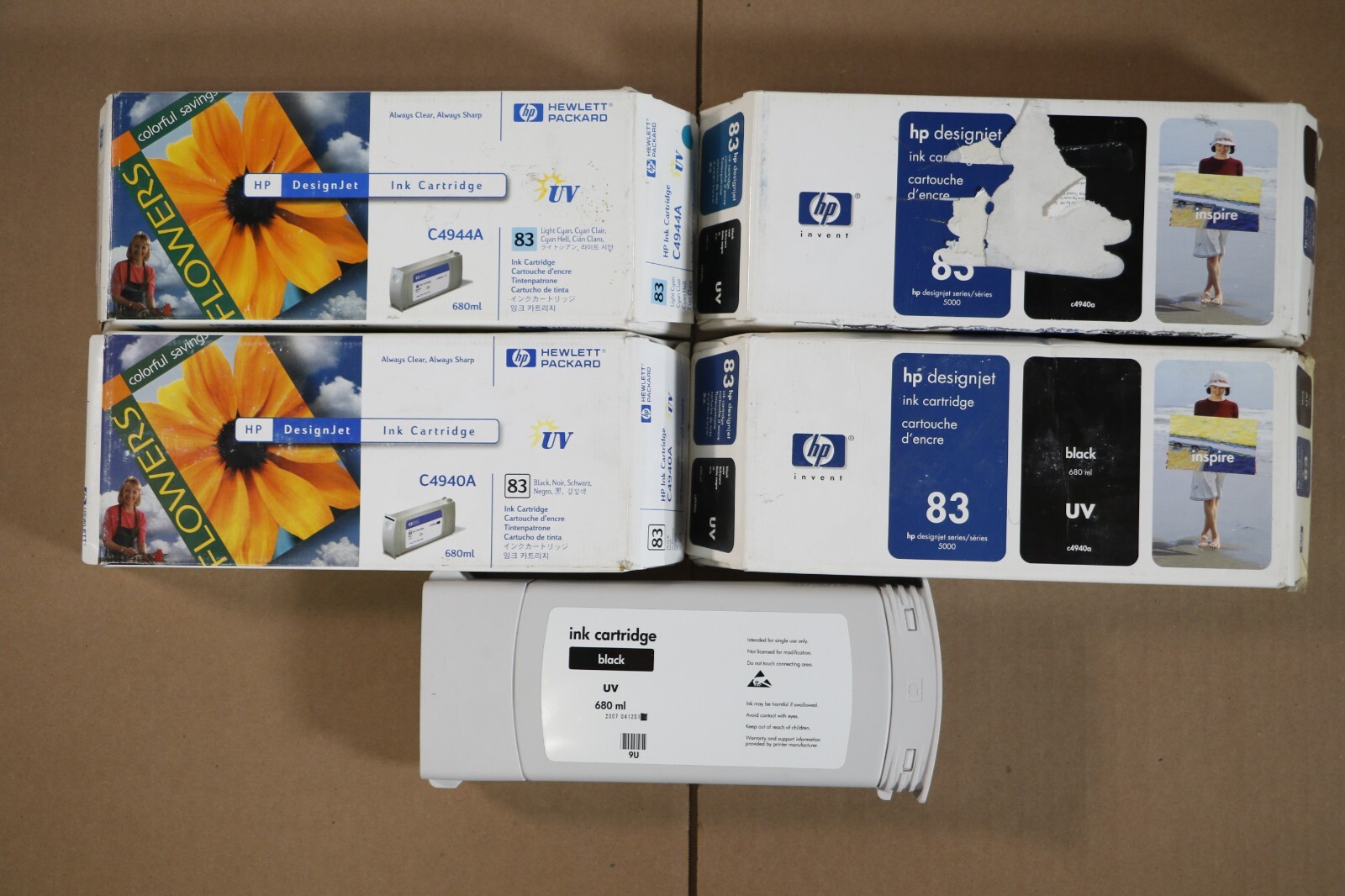 OEM HP Designjet 5000,5500,5000ps UV,  Cyan & Black Inks HP 83 C4944A, C4940A