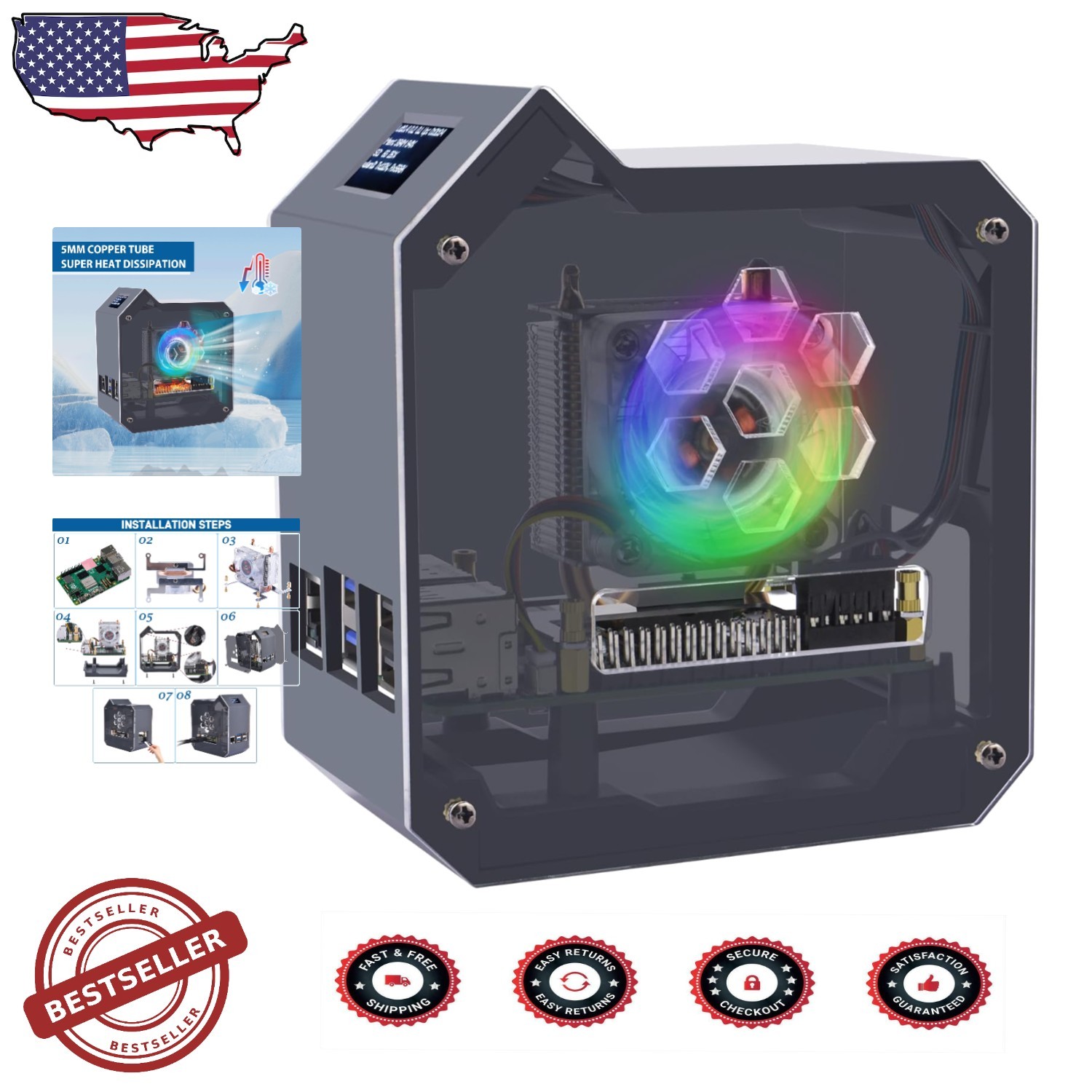 Raspberry Pi 5 Mini Tower Case with Cooling Tower, OLED Module & Expansion Board