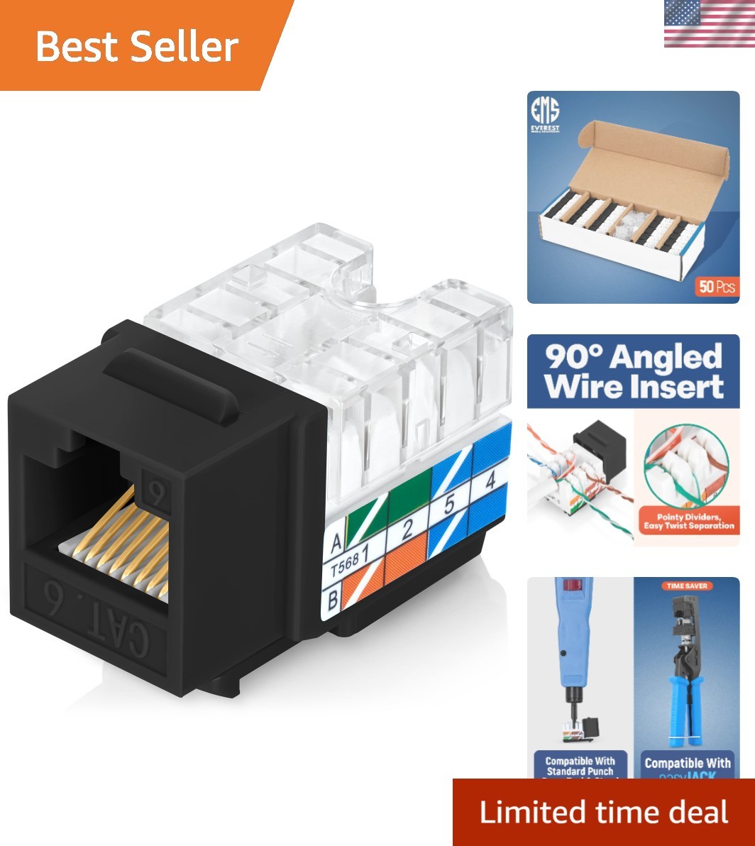 Everest 90° Angled RJ45 Cat6 Keystone Jacks 50-Pack in Black - Slim Profile F...