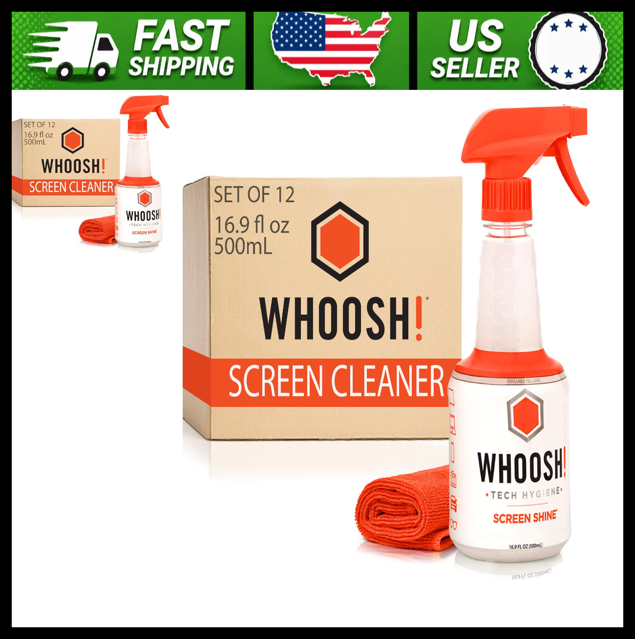 WHOOSH TV Screen Cleaner Spray with Microfiber Cloths, 12-Pack, 16.9 fl oz