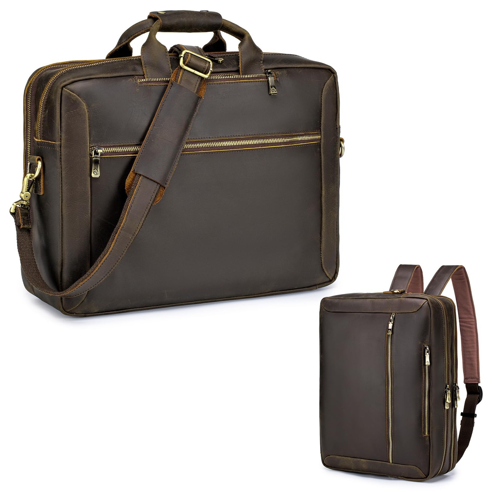 Large Full Grain Leather Briefcase Convertible Backpack For Men Business Trav...
