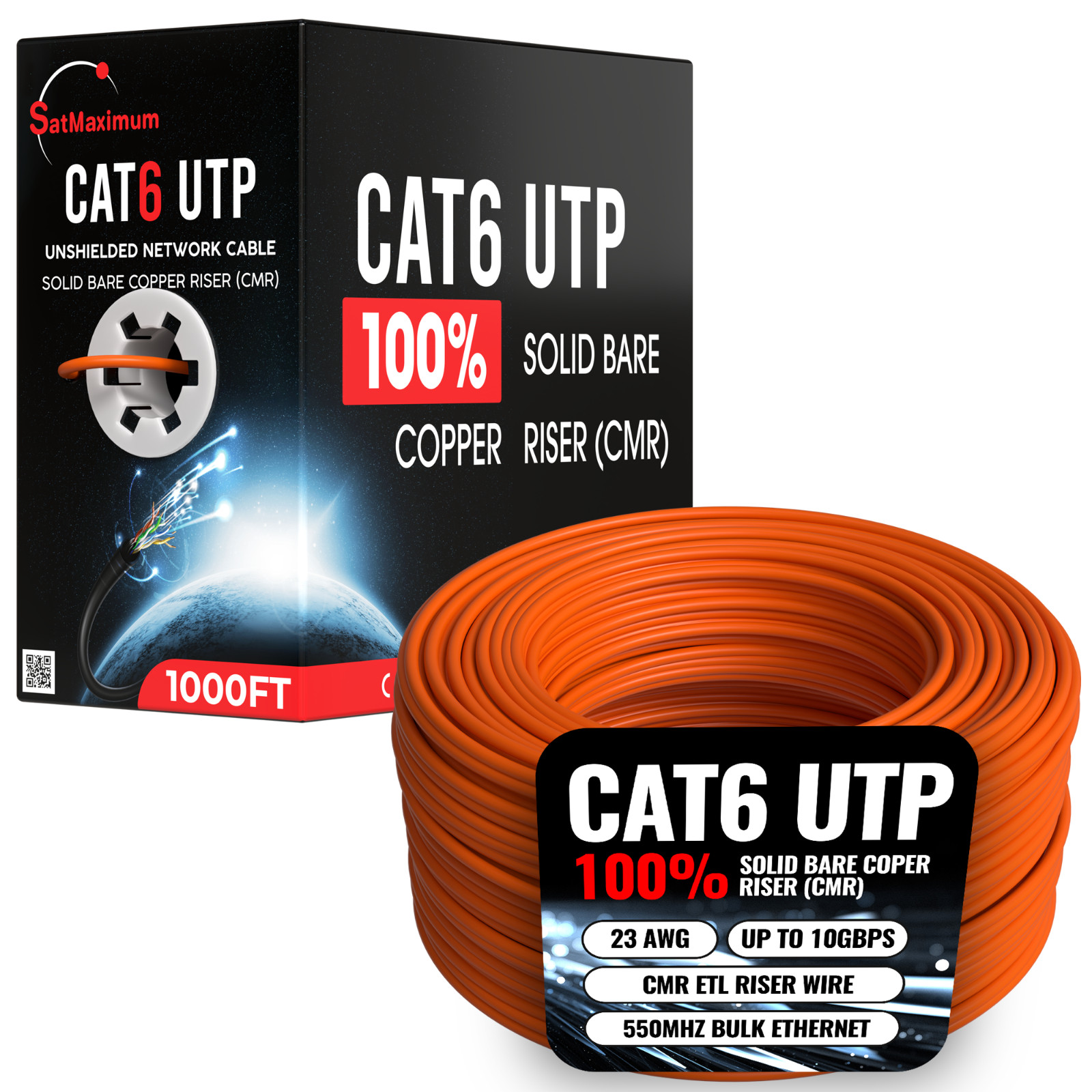 1000ft CAT6 CMR ETL Riser Ethernet Cables 23AWG Solid Bare Copper Wire Orange