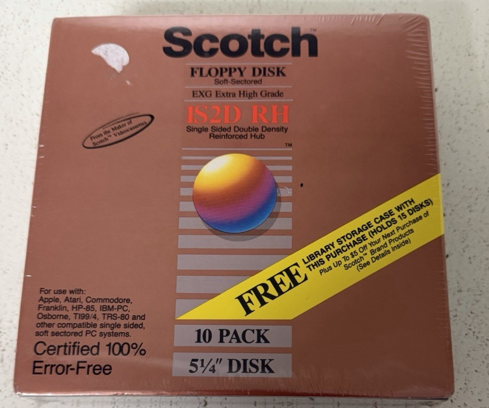 Vintage 1986 NOS Scotch Floppy Disk 10 Pack Box 1S2D RH 5 1/4"