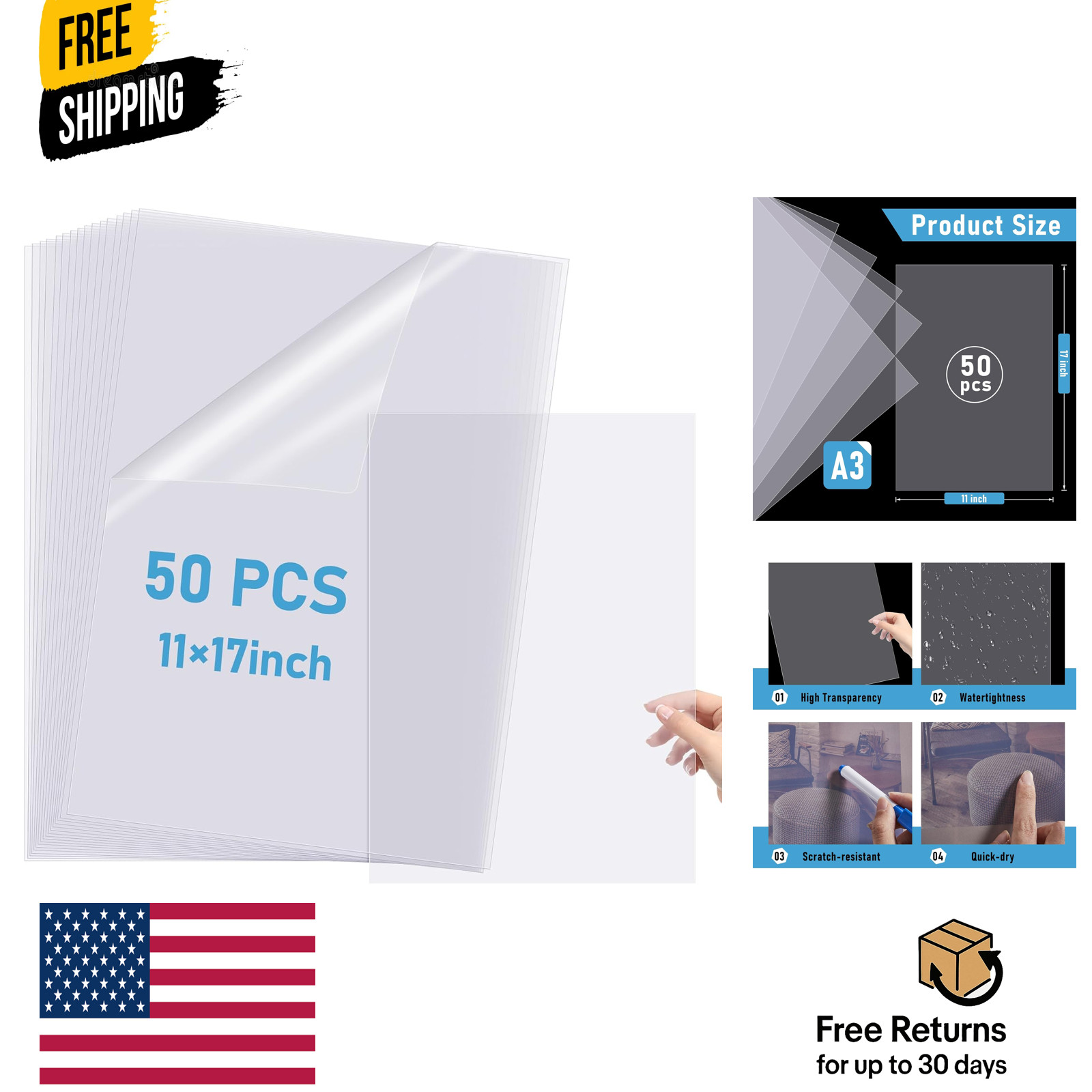 11 x 17 Inch Waterproof Inkjet Transparency Film 50 Sheets Transparency Paper