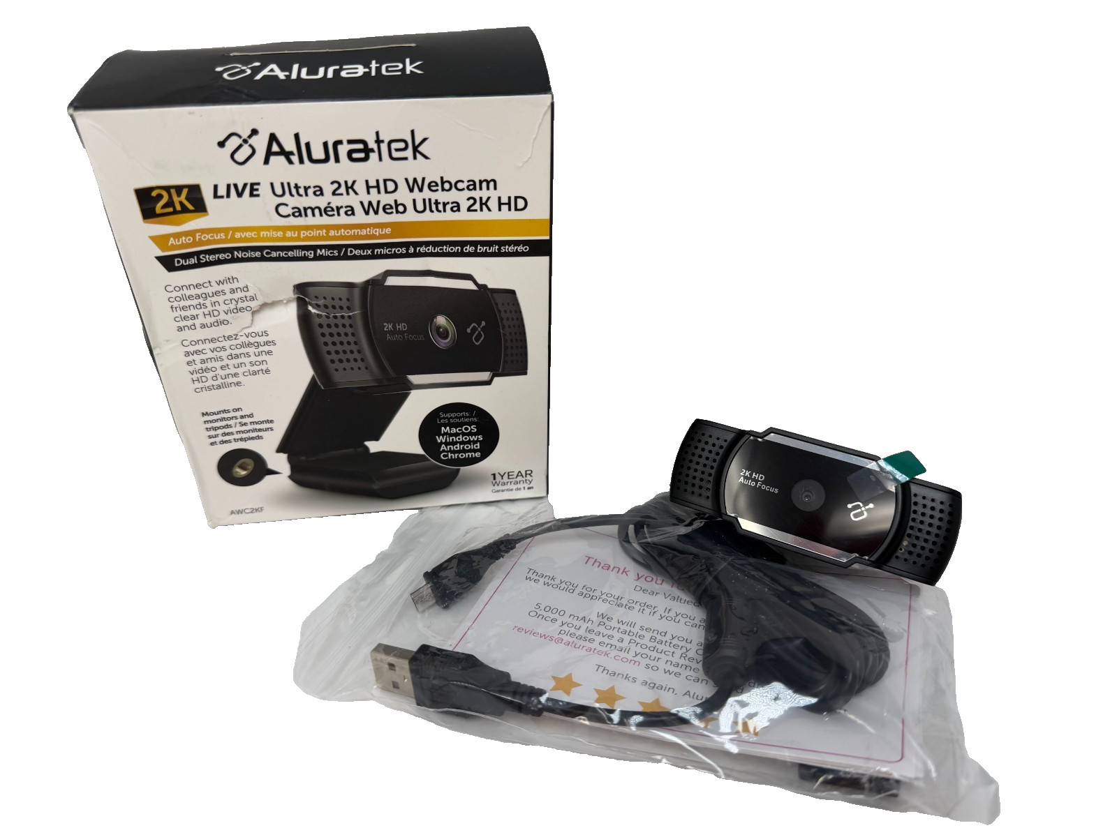 Aluratek 2K Ultra HD Webcam with Autofocus Dual Microphones