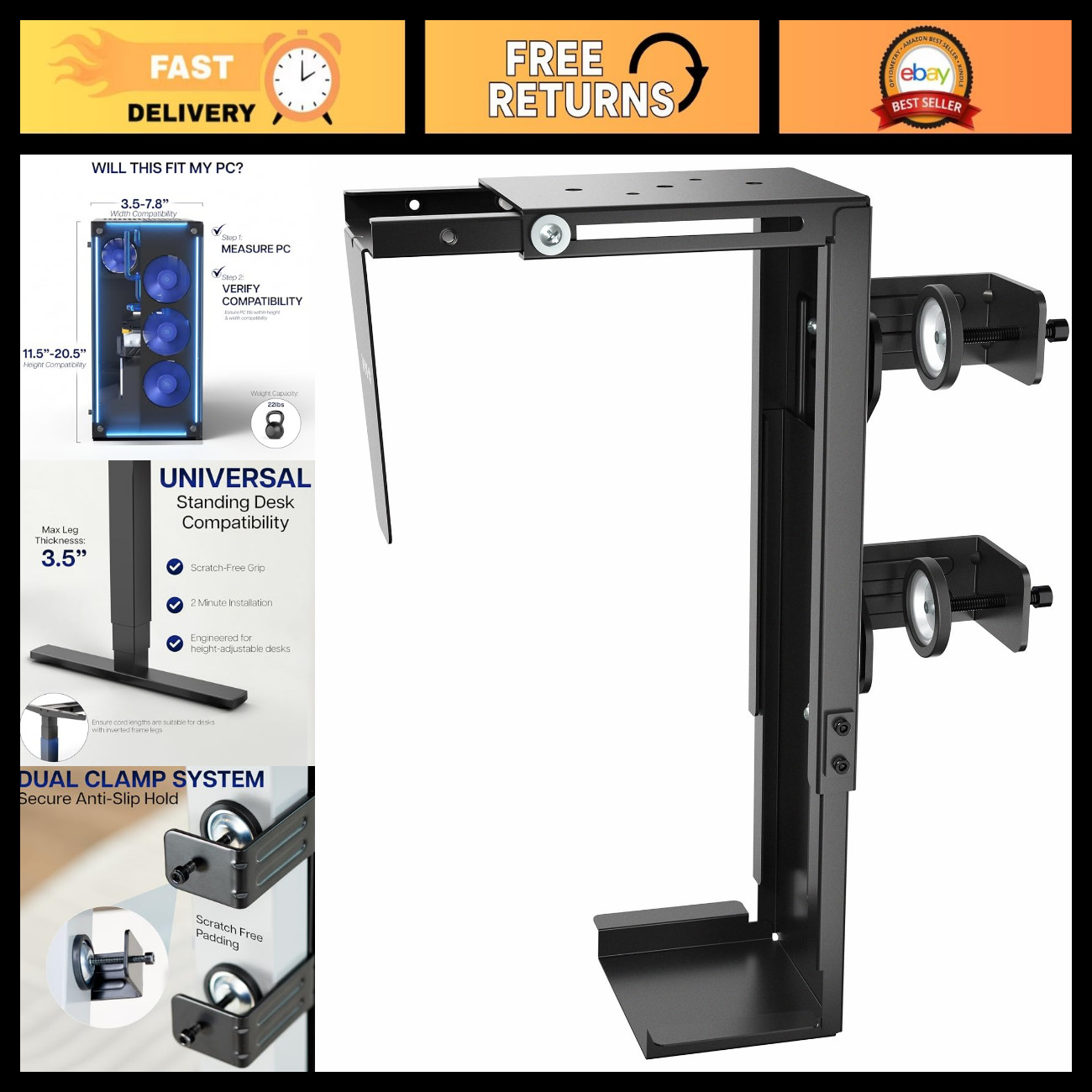 Clamp-On Desk Leg PC Mount, Adjustable Monitor Stand, Space-Saving Design, Black