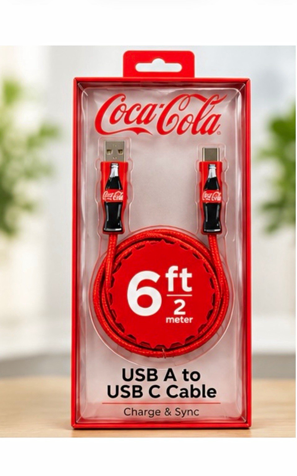 Coca-Cola Red Braided USB-A to USB-C Cable 6 ft Fast Charging & Sync