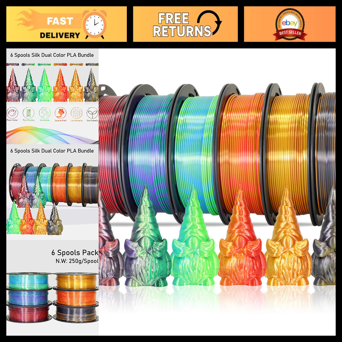 6 Spools Bicolor Dual Color 1.75mm 3D Printer Filament Bundle - Silk PLA, 250g E