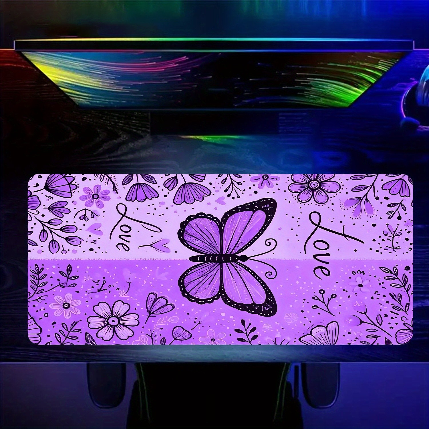 Butterfly Flower Pattern 1pc Mouse Pad, Extended Desk Mat, Long Mouse Pad with