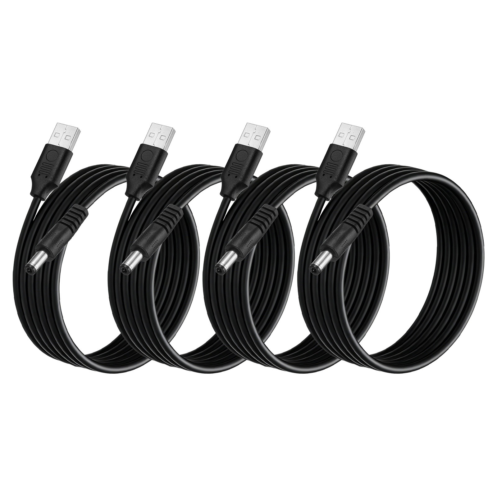 4Pcs USB to DC Power Cable 5.5x2.5mm, 5V 3A for LED Lights, 1.5 M/5Ft, Black