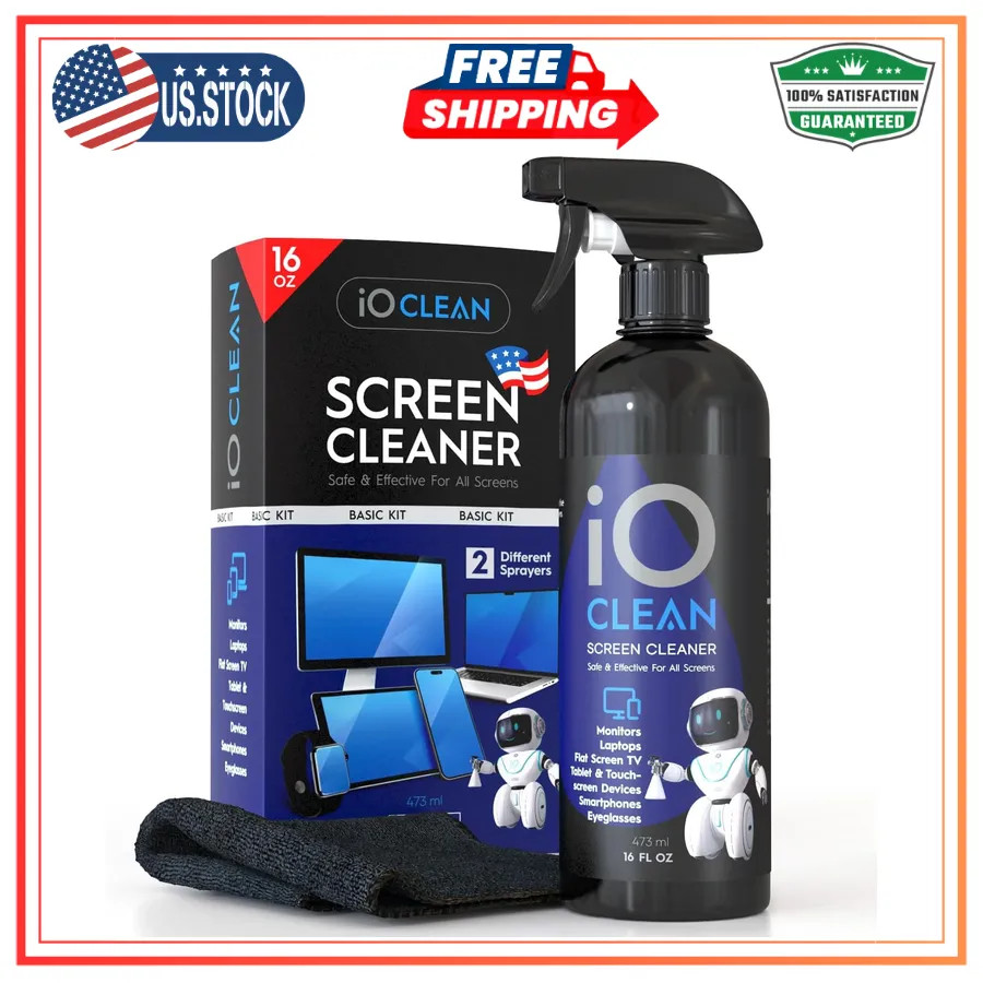 iO CLEAN Screen Cleaner Spray 16oz Large Cleaning Kit for Monitors and TV