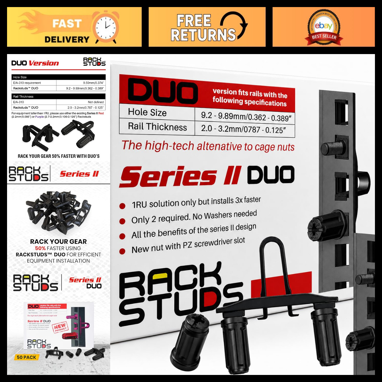 50 Pack Rack Mount Solution - Easy Alternative to Screws & Cage Nuts for Server