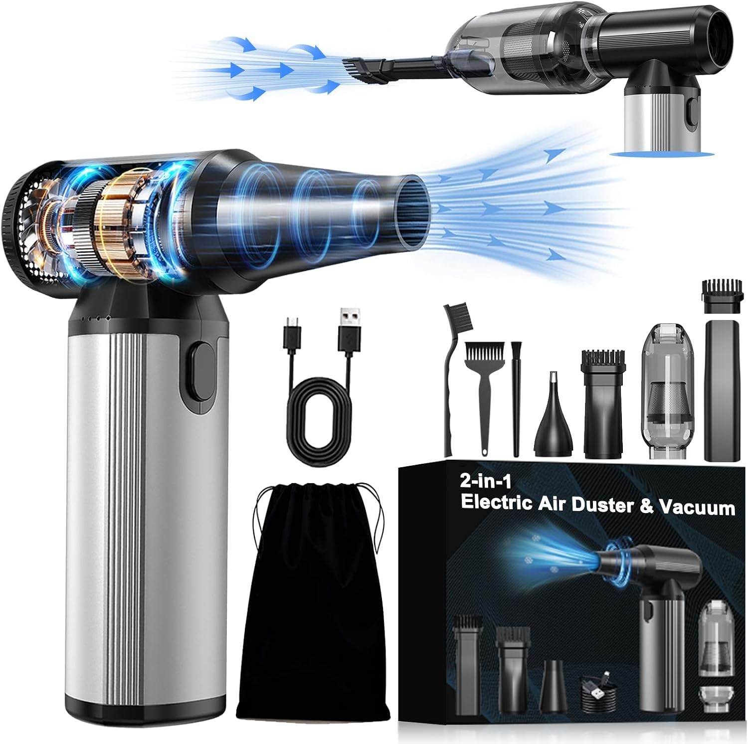 2-in-1 Compressed Air Duster & Vacuum, 320,000 RPM Powerful Brushless Motor