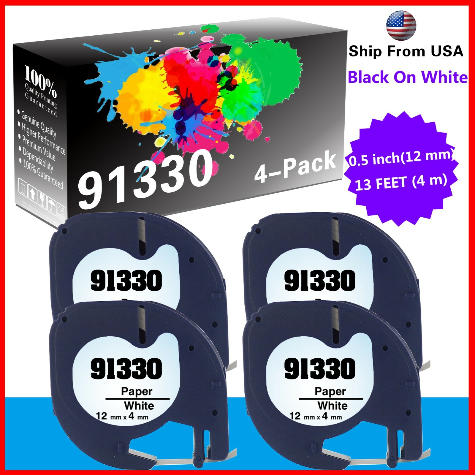 4 PK 91330 Label Tape Compatible for Dymo LetraTag QX 50, XR, XM, 2000