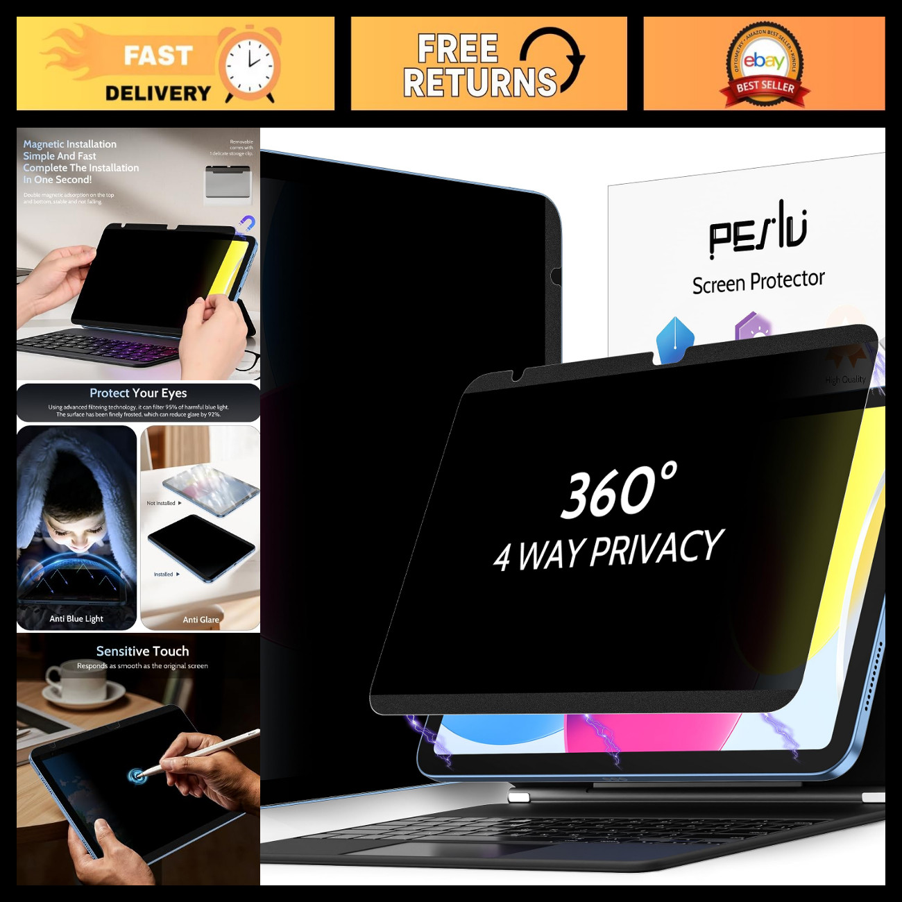 4-Way Magnetic Privacy Screen Protector for iPad 11 & 10 - Anti-Glare, HD Clarit